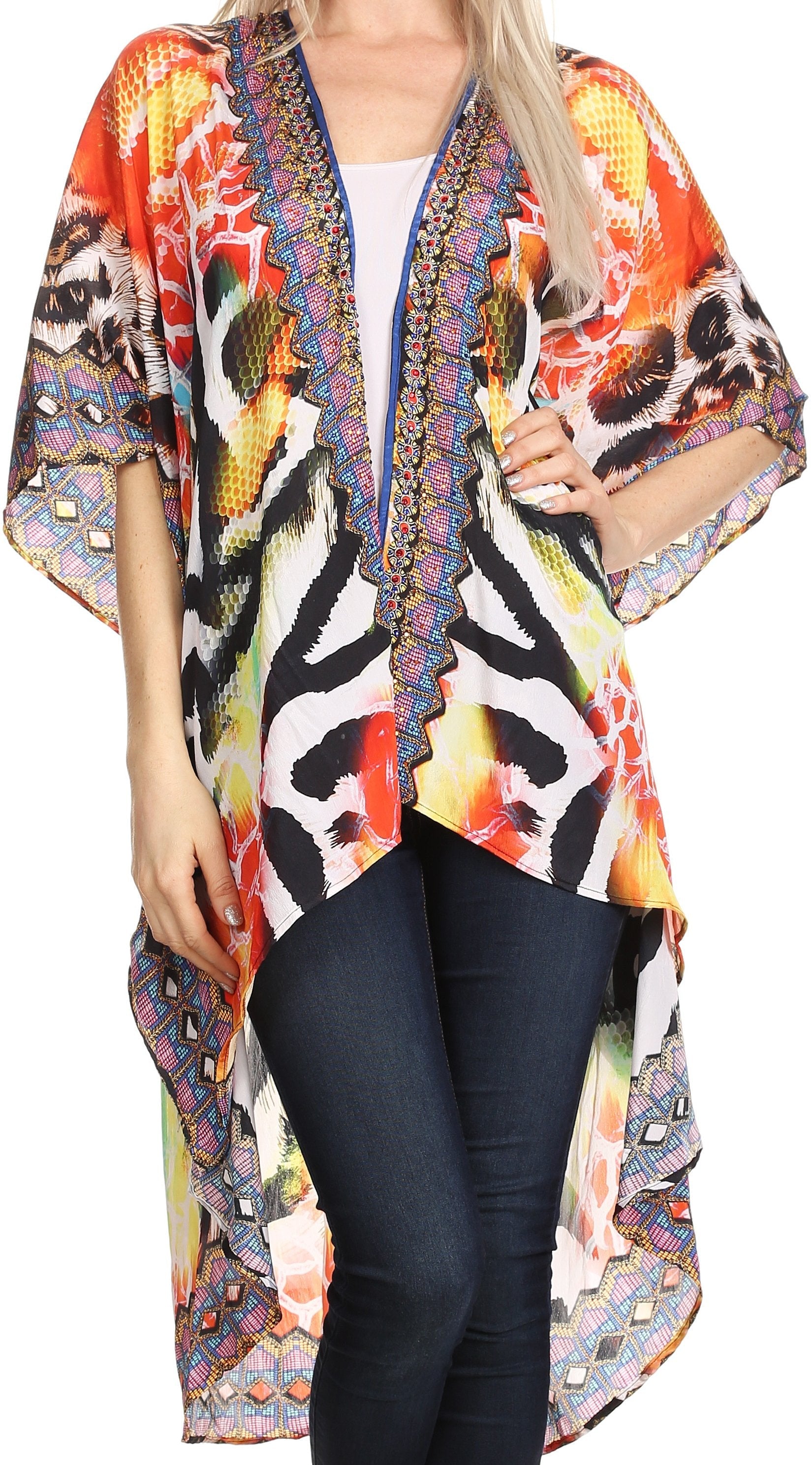 Sakkas Osiris Embellished Hi Low V-Neck Clasp Beach Cover-Up Kimono Kaftan Tunic - Concordia Style Boutique