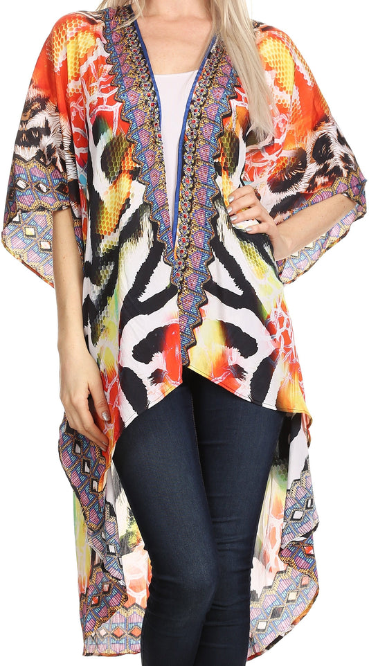 Sakkas Osiris Embellished Hi Low V-Neck Clasp Beach Cover-Up Kimono Kaftan Tunic - Concordia Style Boutique