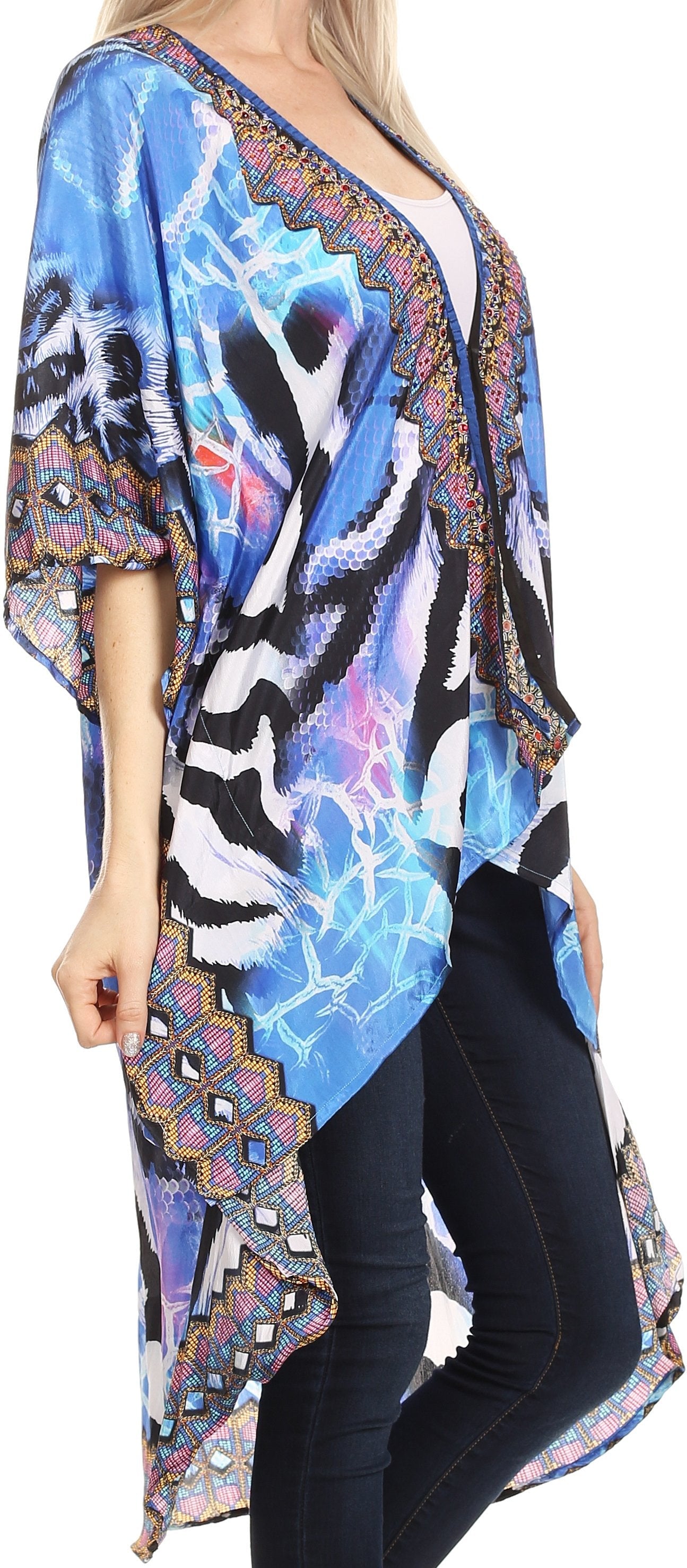 Sakkas Osiris Embellished Hi Low V-Neck Clasp Beach Cover-Up Kimono Kaftan Tunic - Concordia Style Boutique