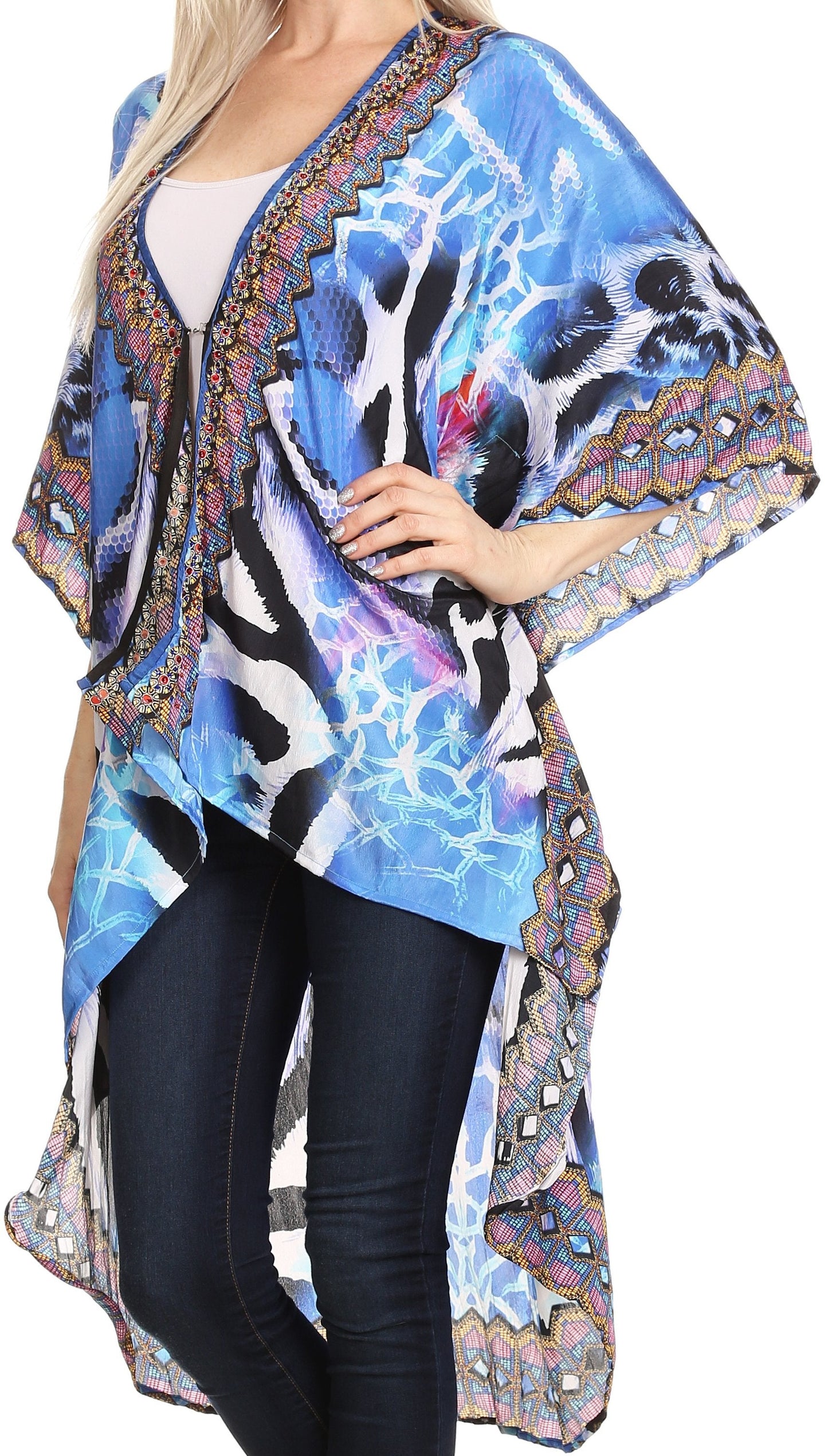 Sakkas Osiris Embellished Hi Low V-Neck Clasp Beach Cover-Up Kimono Kaftan Tunic - Concordia Style Boutique