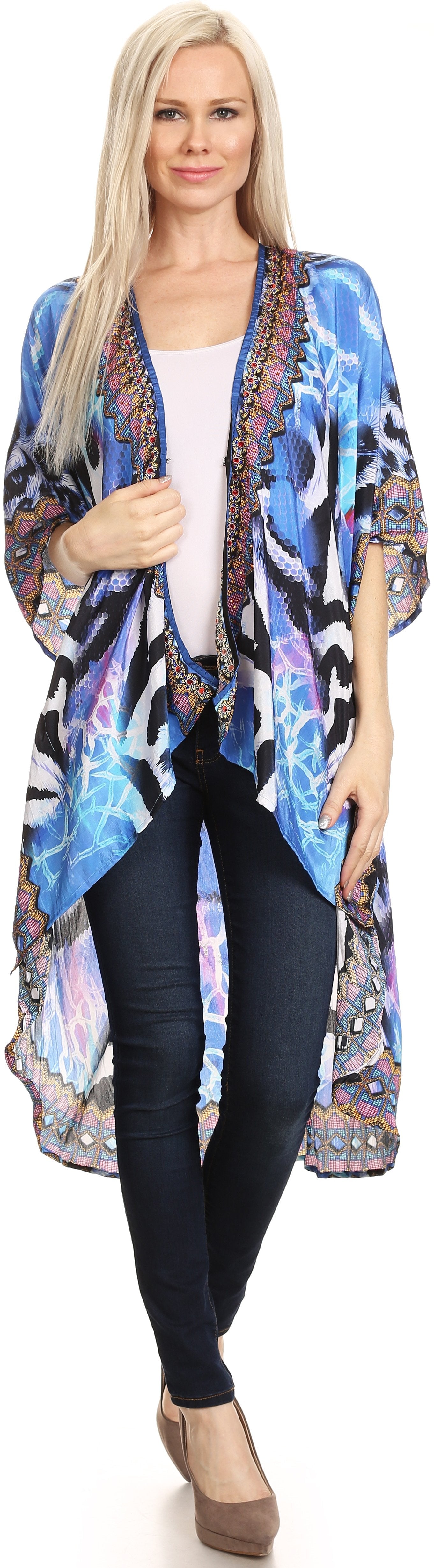 Sakkas Osiris Embellished Hi Low V-Neck Clasp Beach Cover-Up Kimono Kaftan Tunic - Concordia Style Boutique