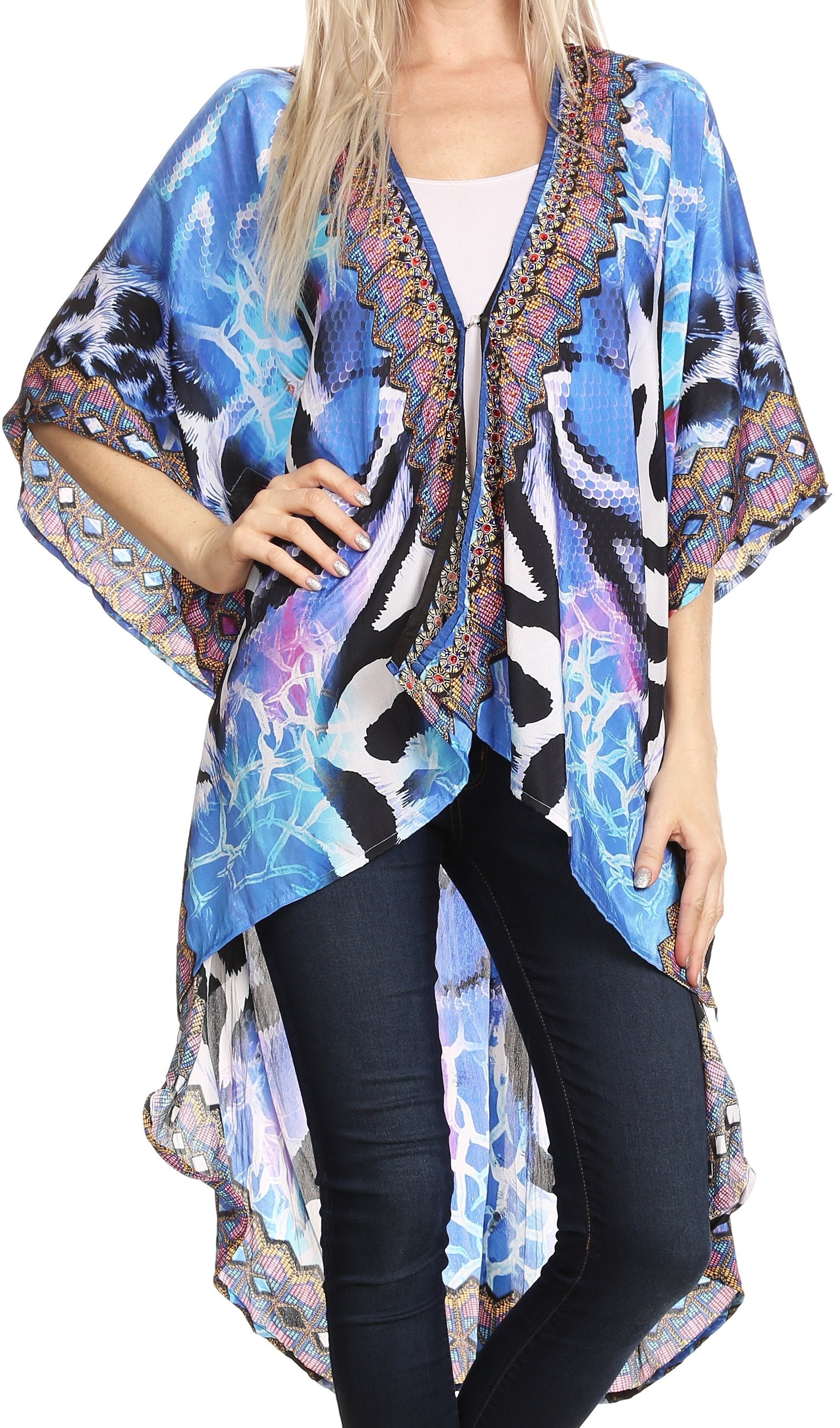 Sakkas Osiris Embellished Hi Low V-Neck Clasp Beach Cover-Up Kimono Kaftan Tunic - Concordia Style Boutique