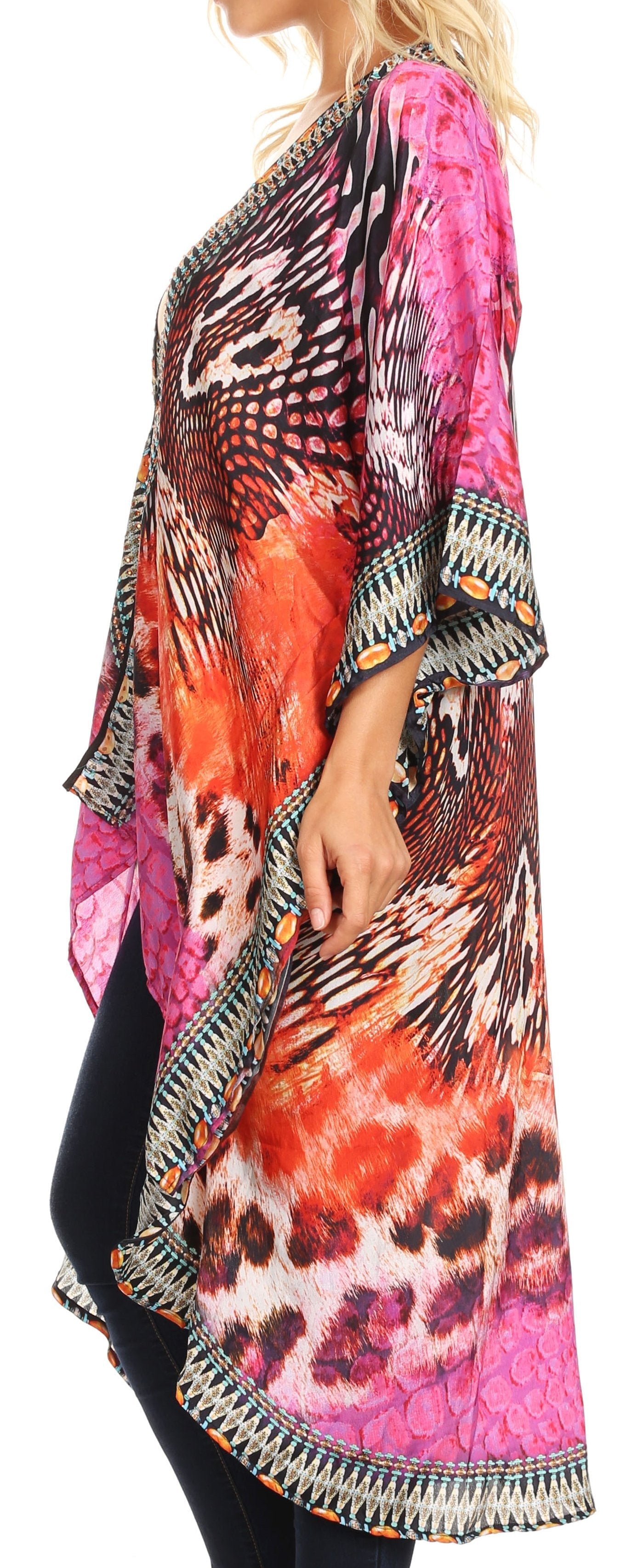 Sakkas Osiris Embellished Hi Low V-Neck Clasp Beach Cover-Up Kimono Kaftan Tunic - Concordia Style Boutique