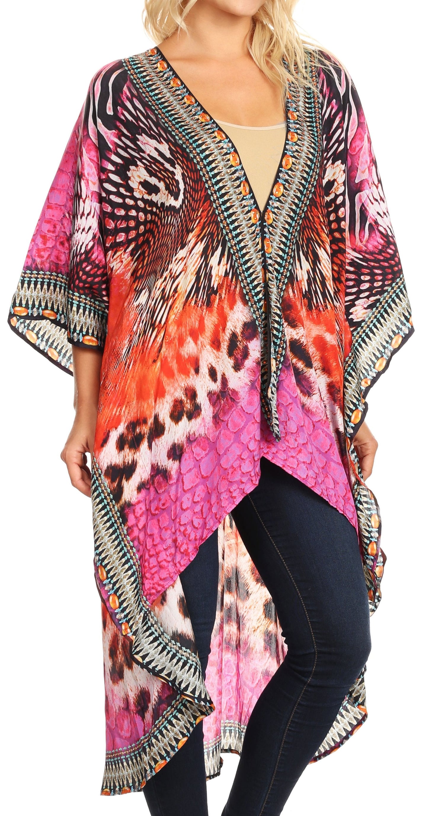 Sakkas Osiris Embellished Hi Low V-Neck Clasp Beach Cover-Up Kimono Kaftan Tunic - Concordia Style Boutique
