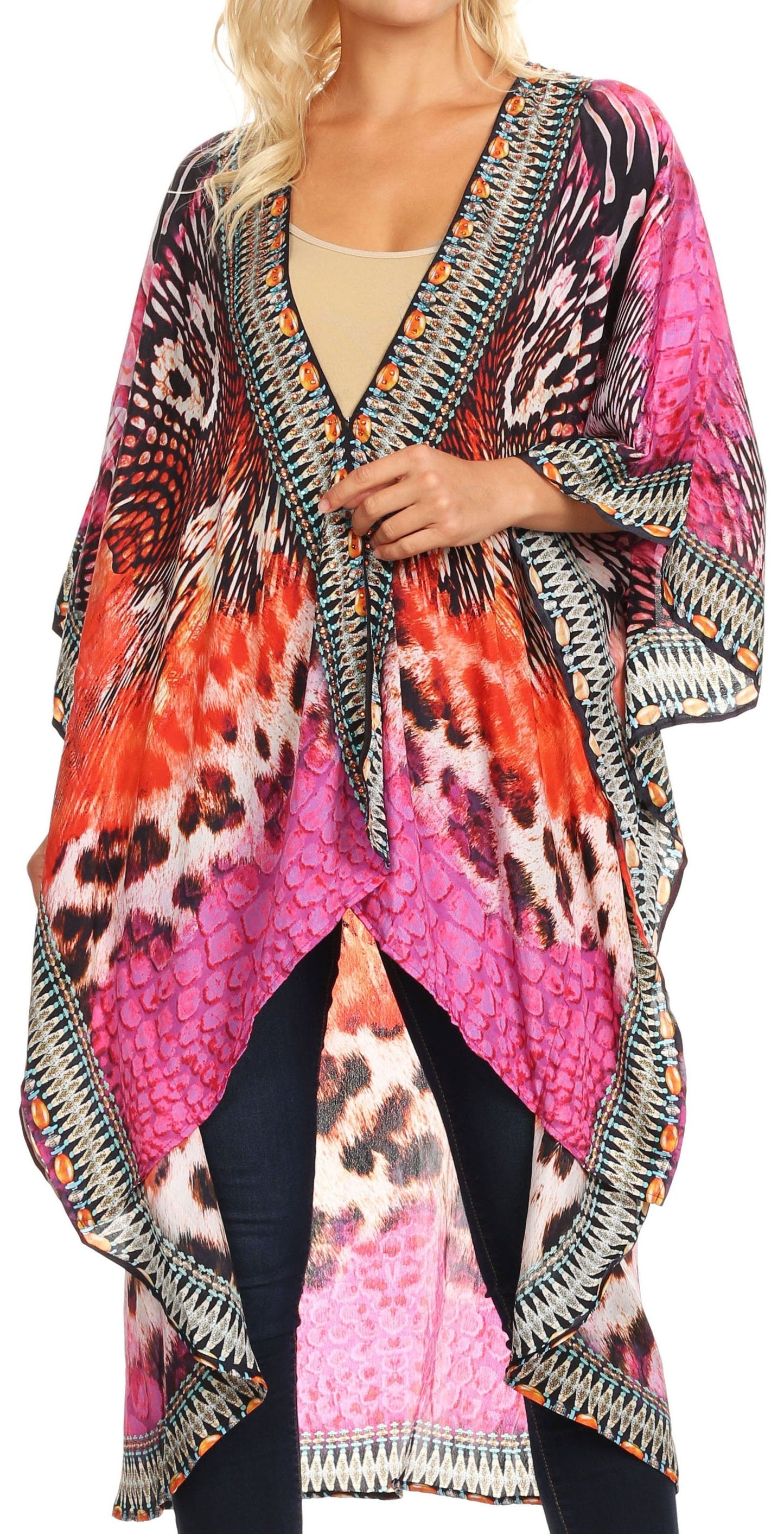 Sakkas Osiris Embellished Hi Low V-Neck Clasp Beach Cover-Up Kimono Kaftan Tunic - Concordia Style Boutique