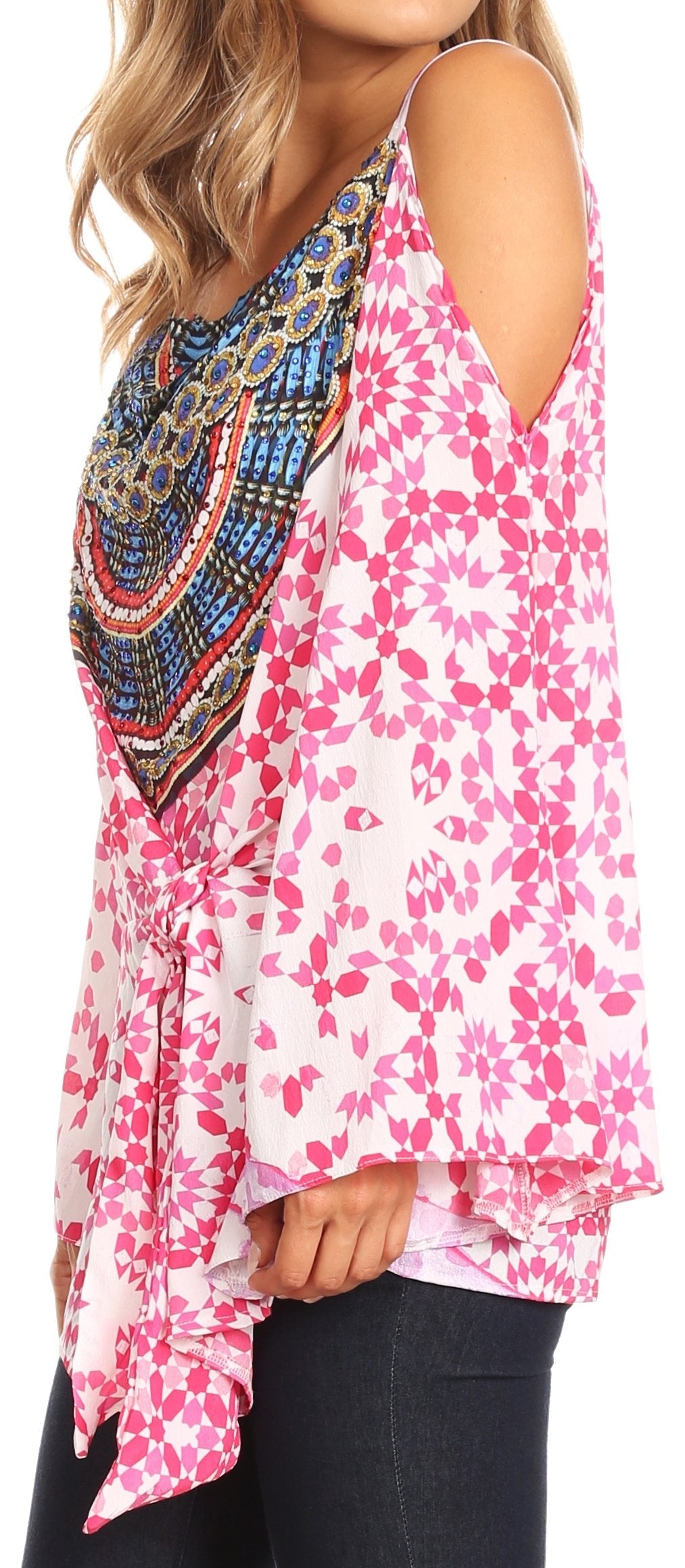 Sakkas Bosede Off Shoulder Bell Sleeve Casual Top Blouse w/Print and Rhimestones - Concordia Style Boutique