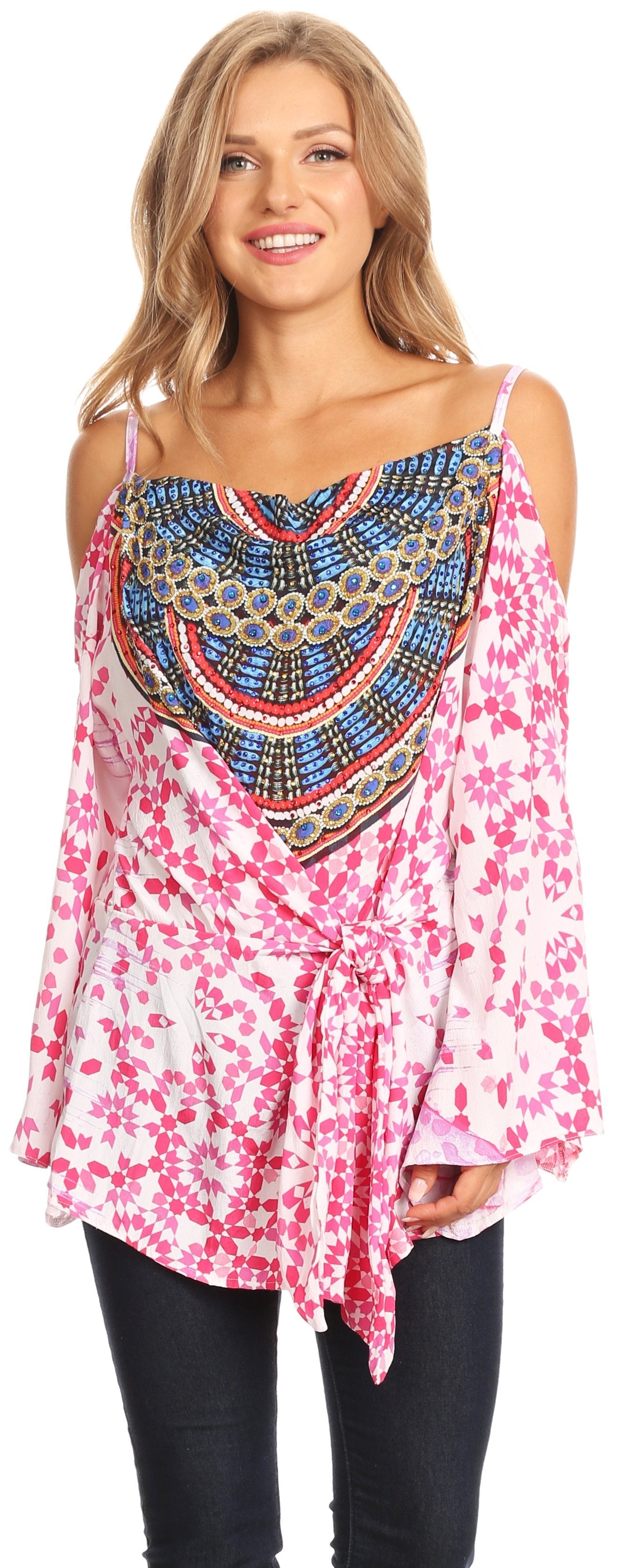 Sakkas Bosede Off Shoulder Bell Sleeve Casual Top Blouse w/Print and Rhimestones - Concordia Style Boutique
