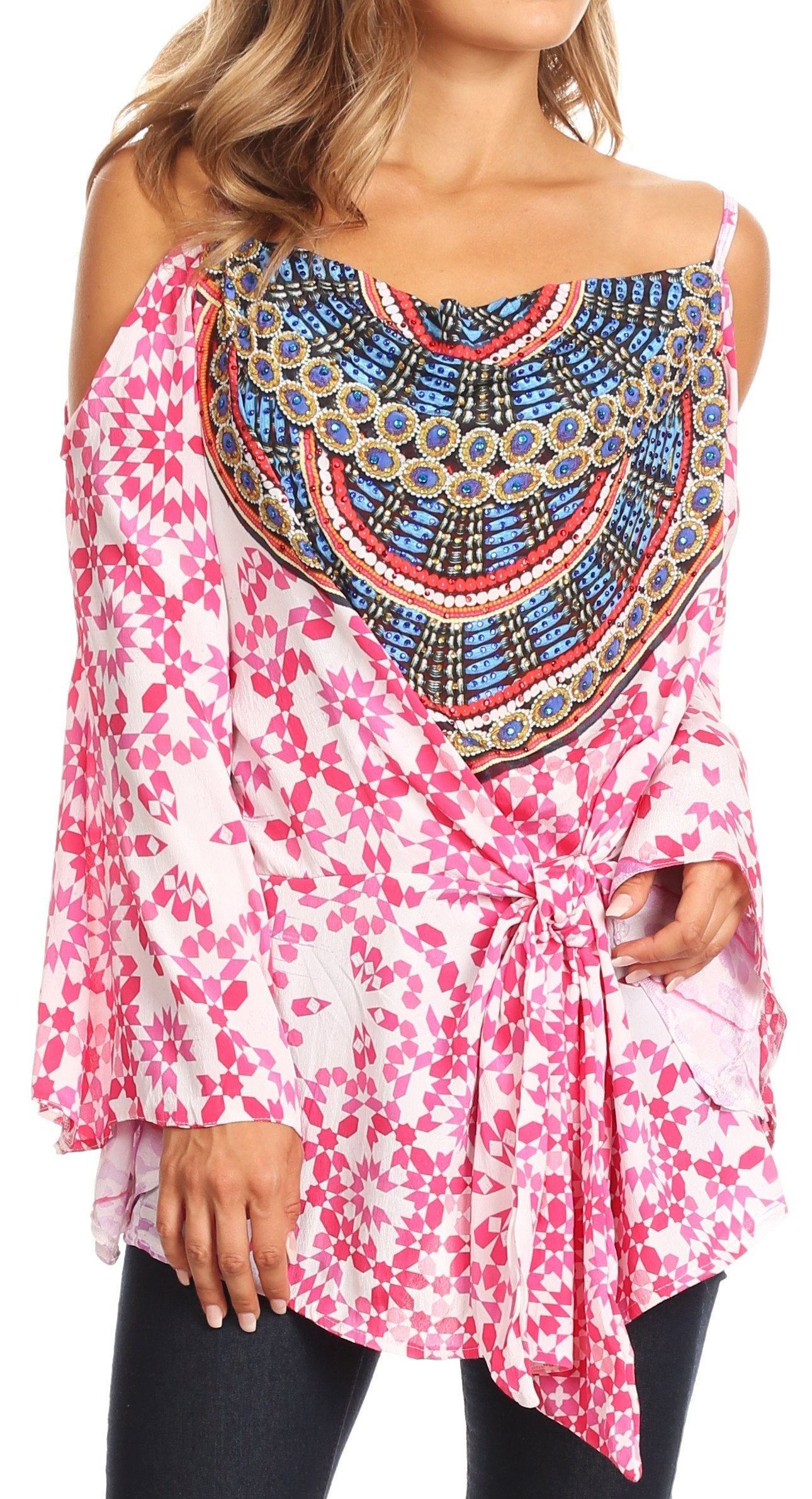 Sakkas Bosede Off Shoulder Bell Sleeve Casual Top Blouse w/Print and Rhimestones - Concordia Style Boutique