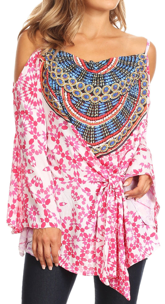 Sakkas Bosede Off Shoulder Bell Sleeve Casual Top Blouse w/Print and Rhimestones - Concordia Style Boutique