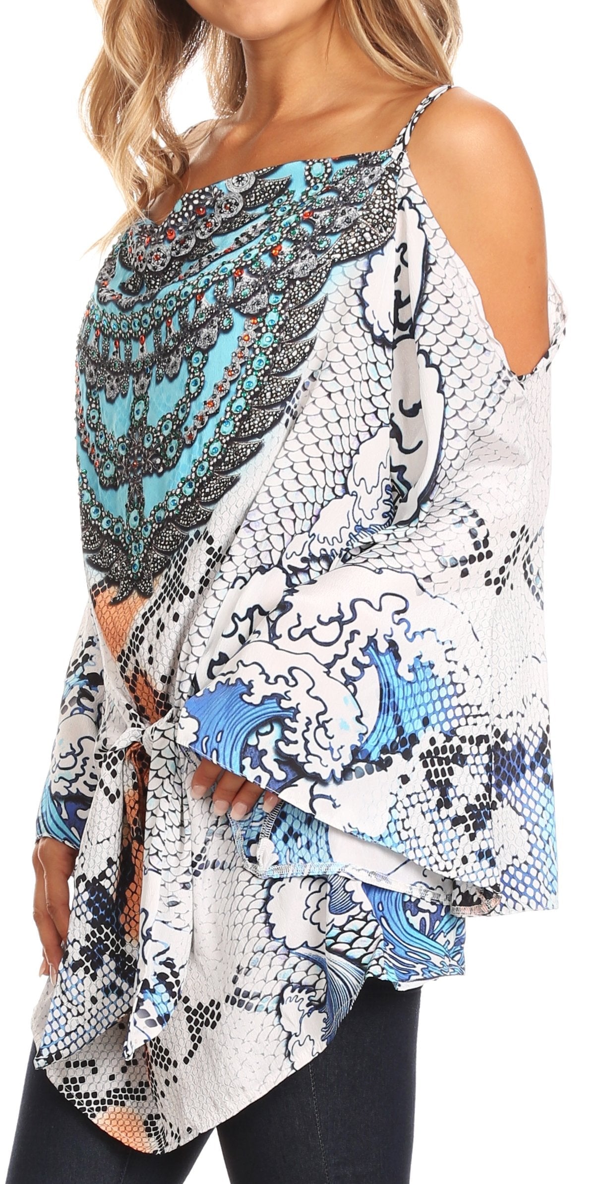 Sakkas Bosede Off Shoulder Bell Sleeve Casual Top Blouse w/Print and Rhimestones - Concordia Style Boutique