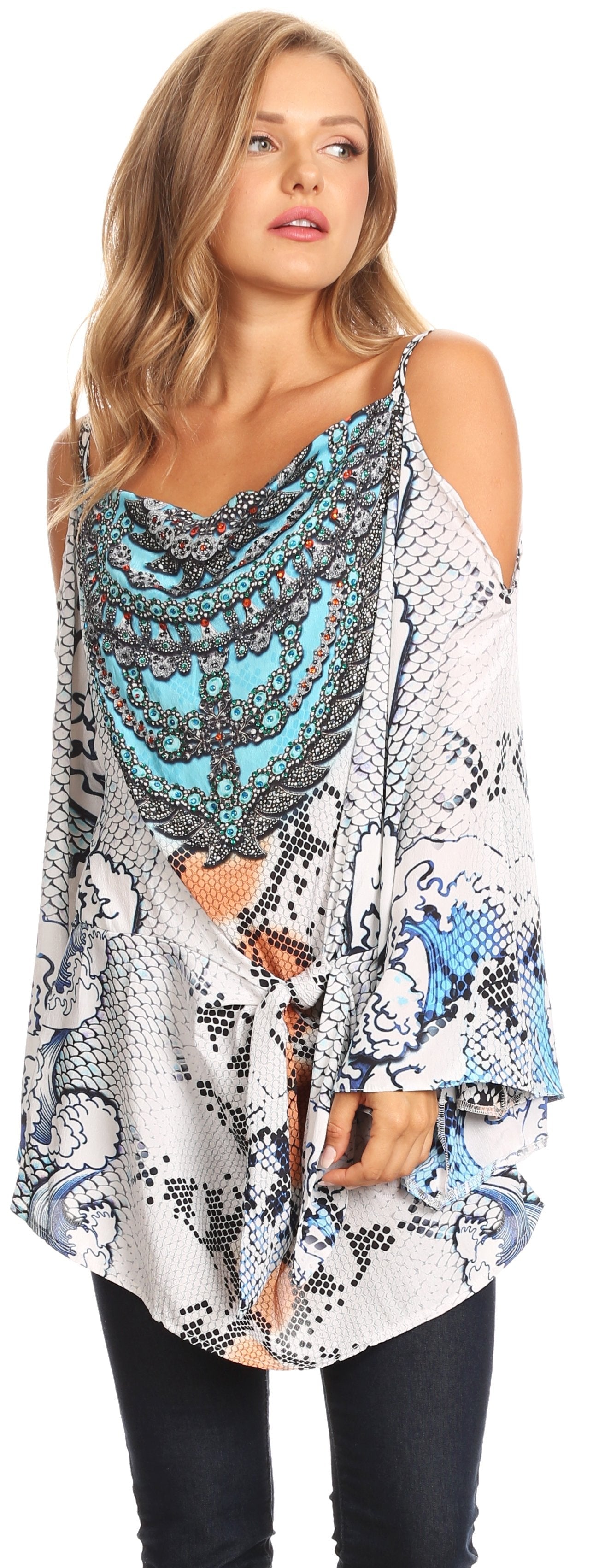 Sakkas Bosede Off Shoulder Bell Sleeve Casual Top Blouse w/Print and Rhimestones - Concordia Style Boutique