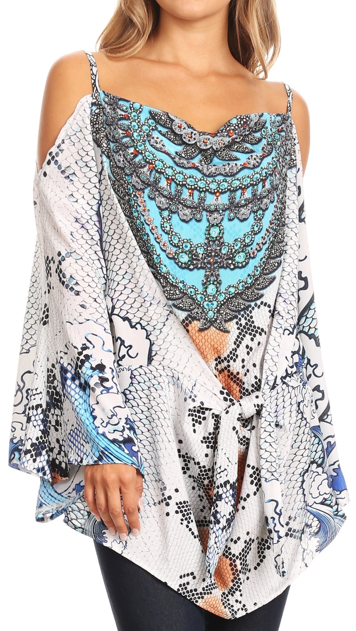 Sakkas Bosede Off Shoulder Bell Sleeve Casual Top Blouse w/Print and Rhimestones - Concordia Style Boutique