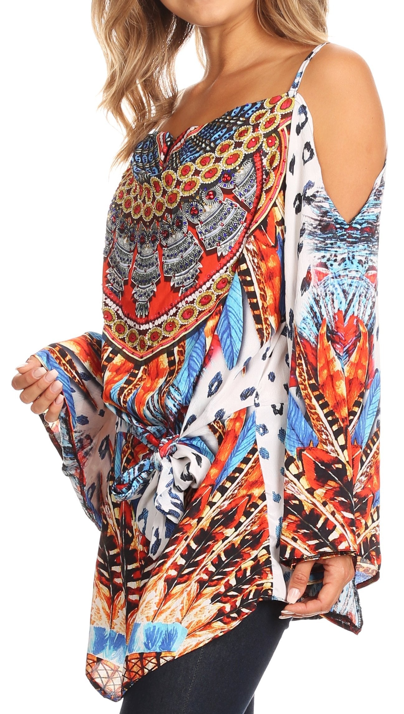 Sakkas Bosede Off Shoulder Bell Sleeve Casual Top Blouse w/Print and Rhimestones - Concordia Style Boutique