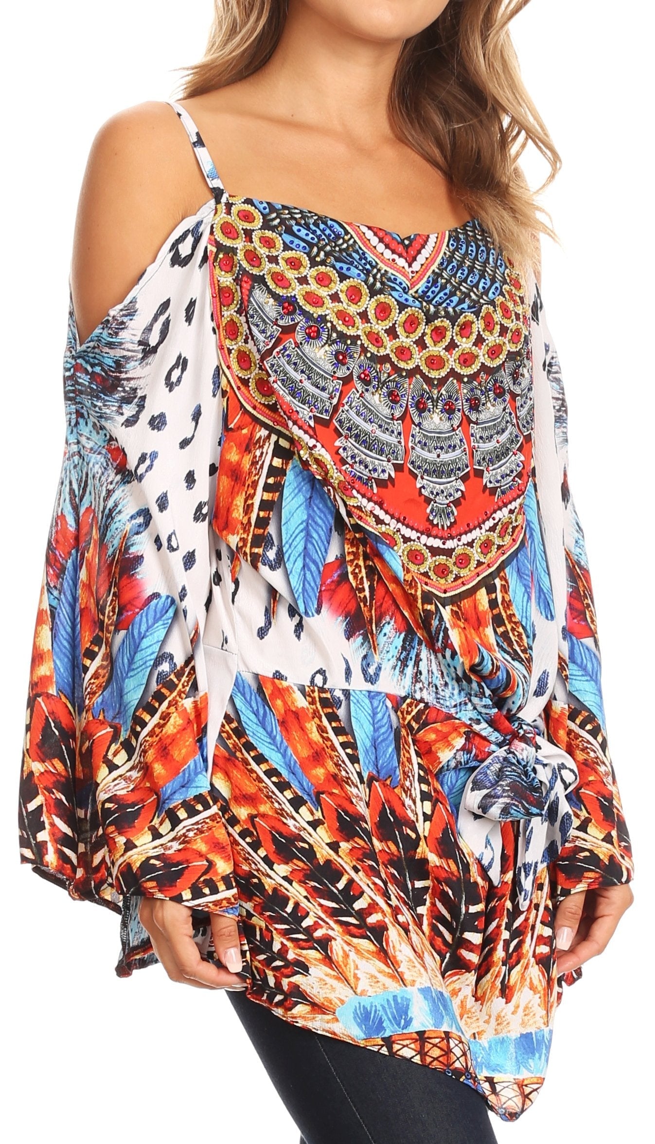 Sakkas Bosede Off Shoulder Bell Sleeve Casual Top Blouse w/Print and Rhimestones - Concordia Style Boutique