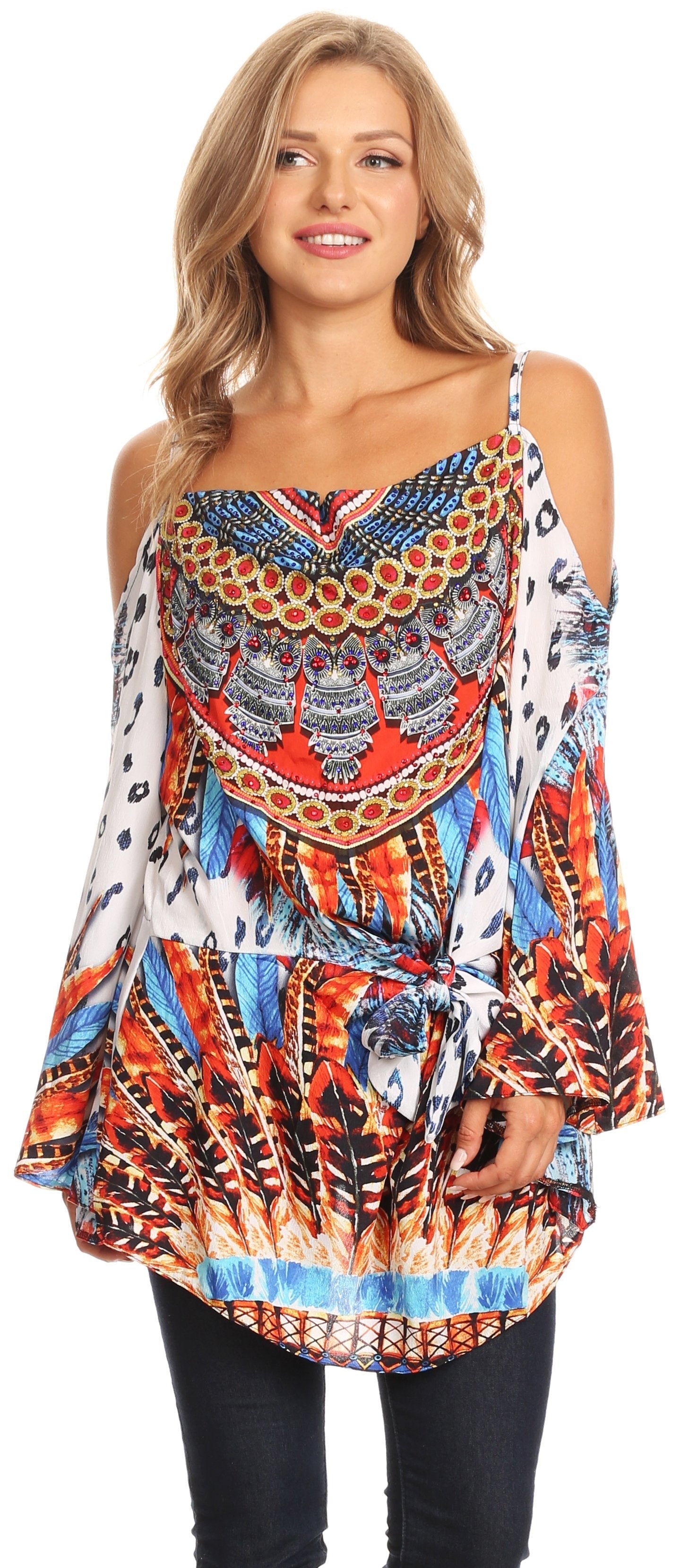 Sakkas Bosede Off Shoulder Bell Sleeve Casual Top Blouse w/Print and Rhimestones - Concordia Style Boutique