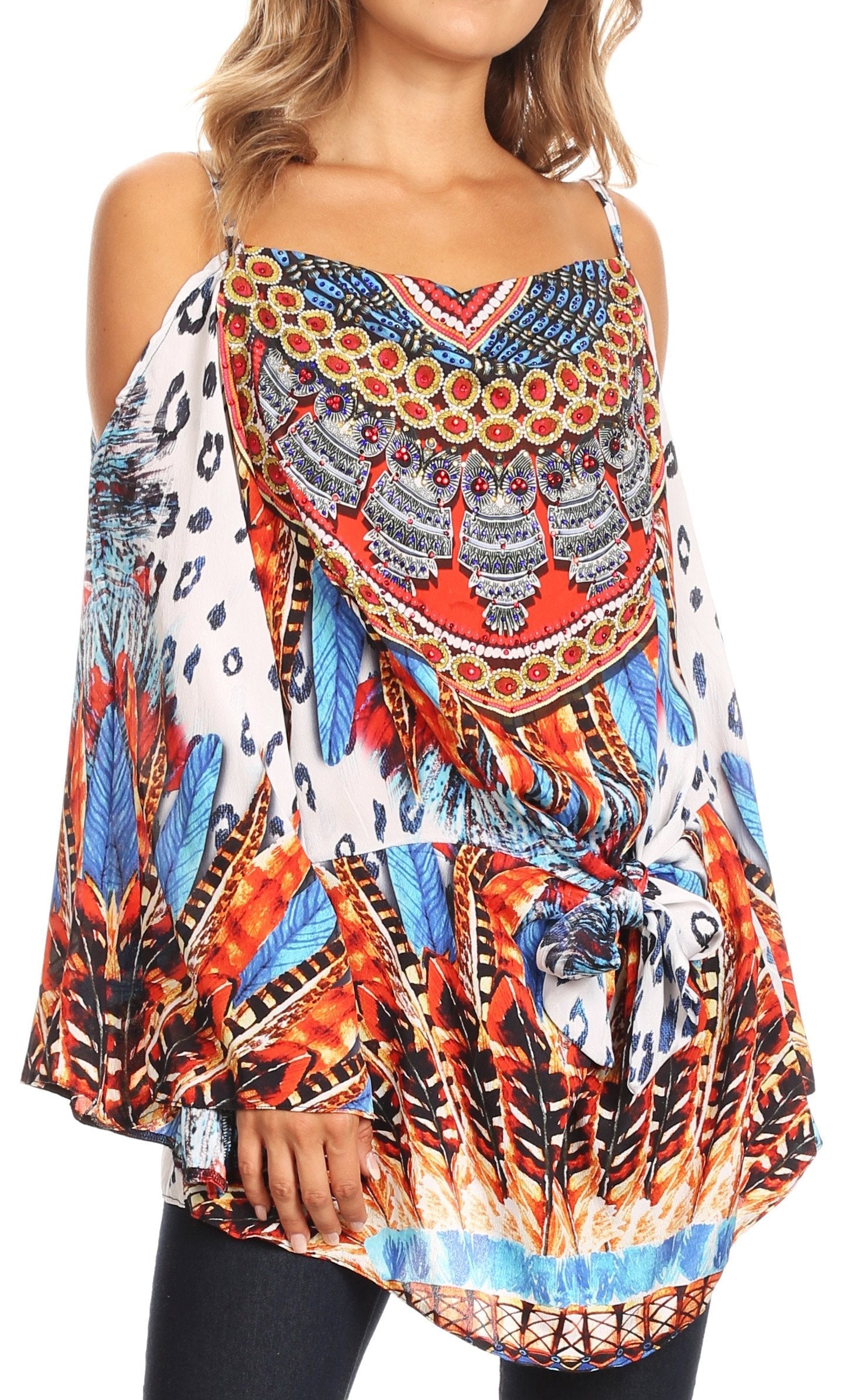 Sakkas Bosede Off Shoulder Bell Sleeve Casual Top Blouse w/Print and Rhimestones - Concordia Style Boutique