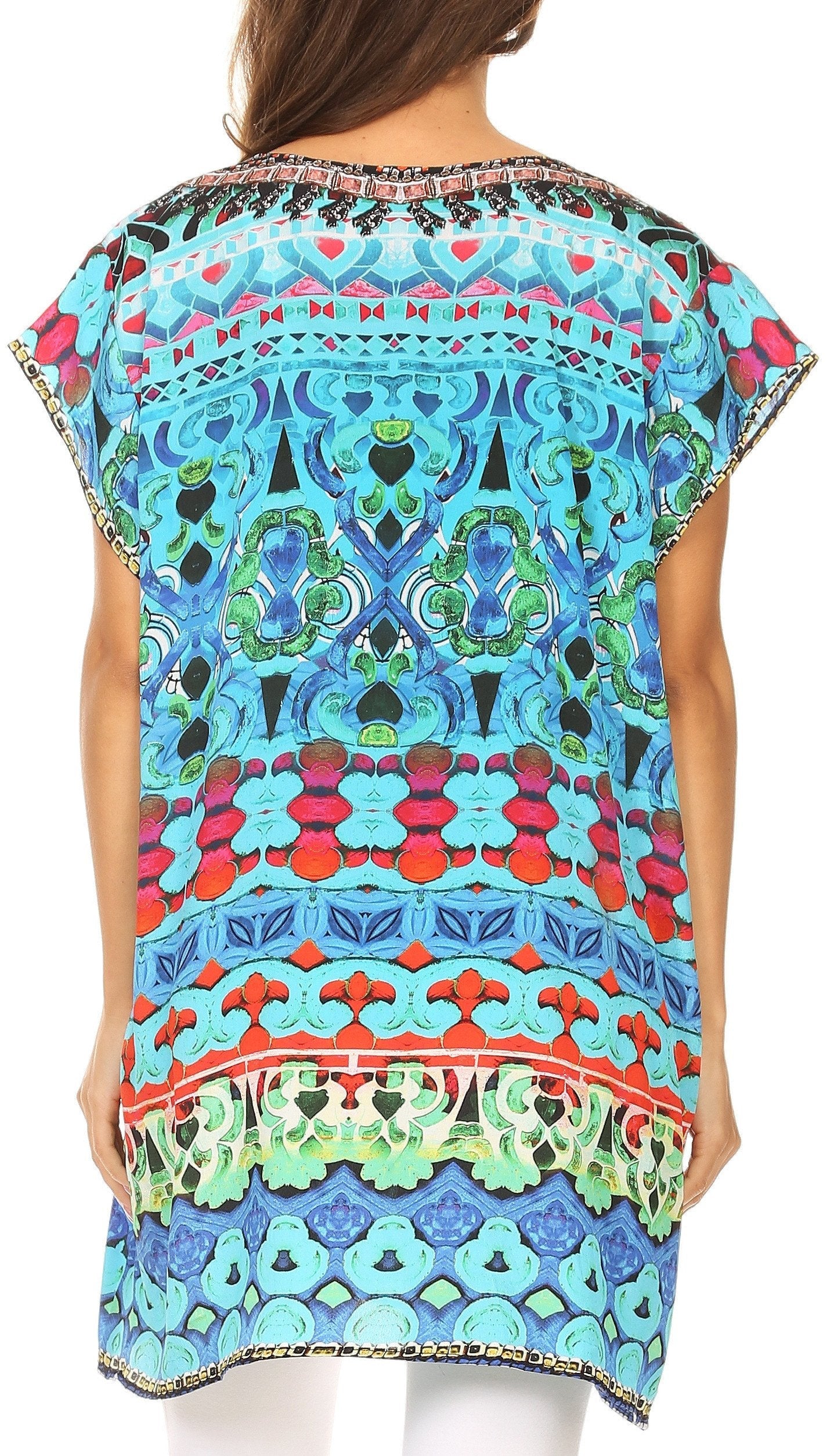 Sakkas Lesedi Top Blouse With Cap Sleeves Colorful Print and Rhinestones - Concordia Style Boutique