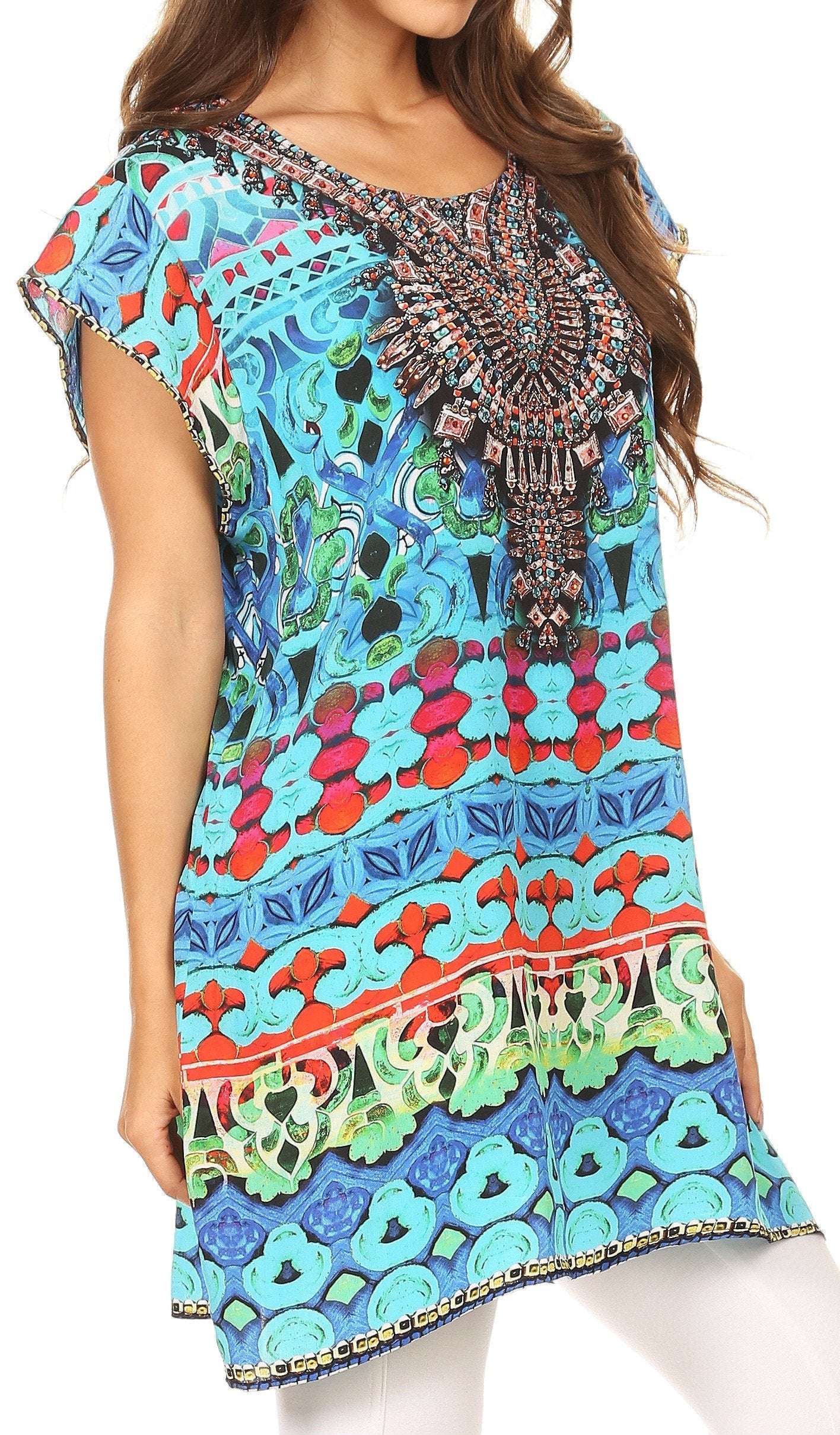 Sakkas Lesedi Top Blouse With Cap Sleeves Colorful Print and Rhinestones - Concordia Style Boutique