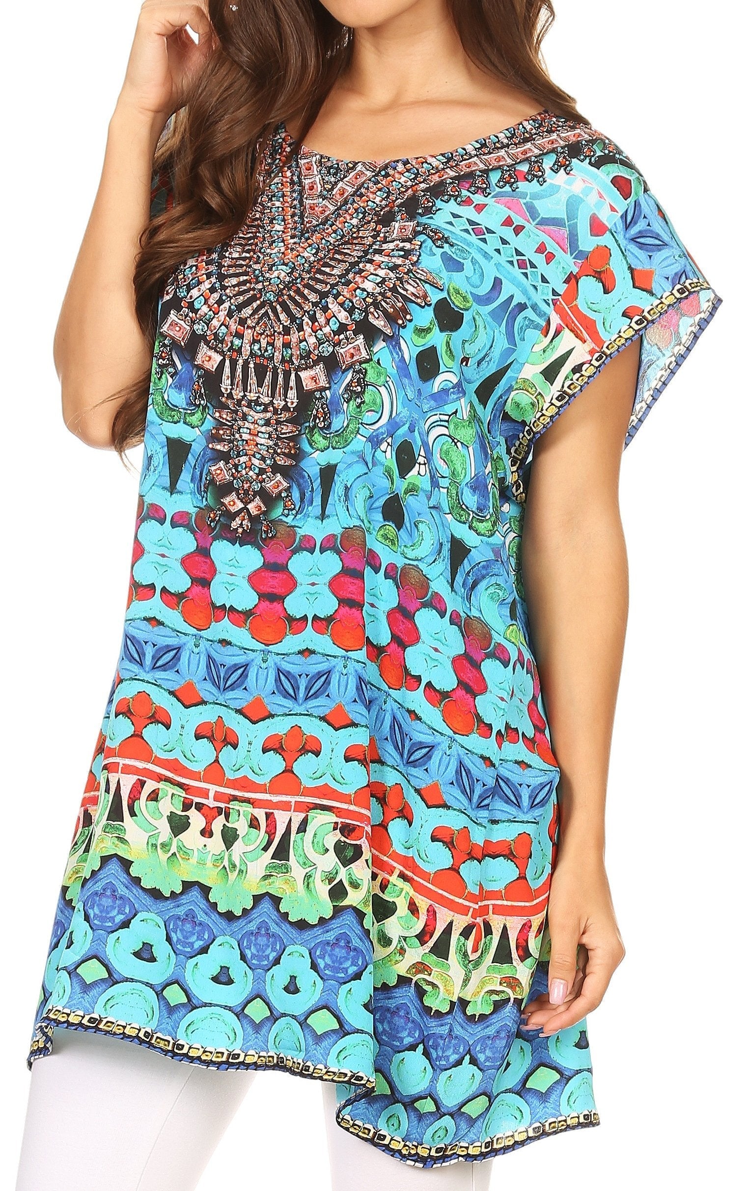 Sakkas Lesedi Top Blouse With Cap Sleeves Colorful Print and Rhinestones - Concordia Style Boutique