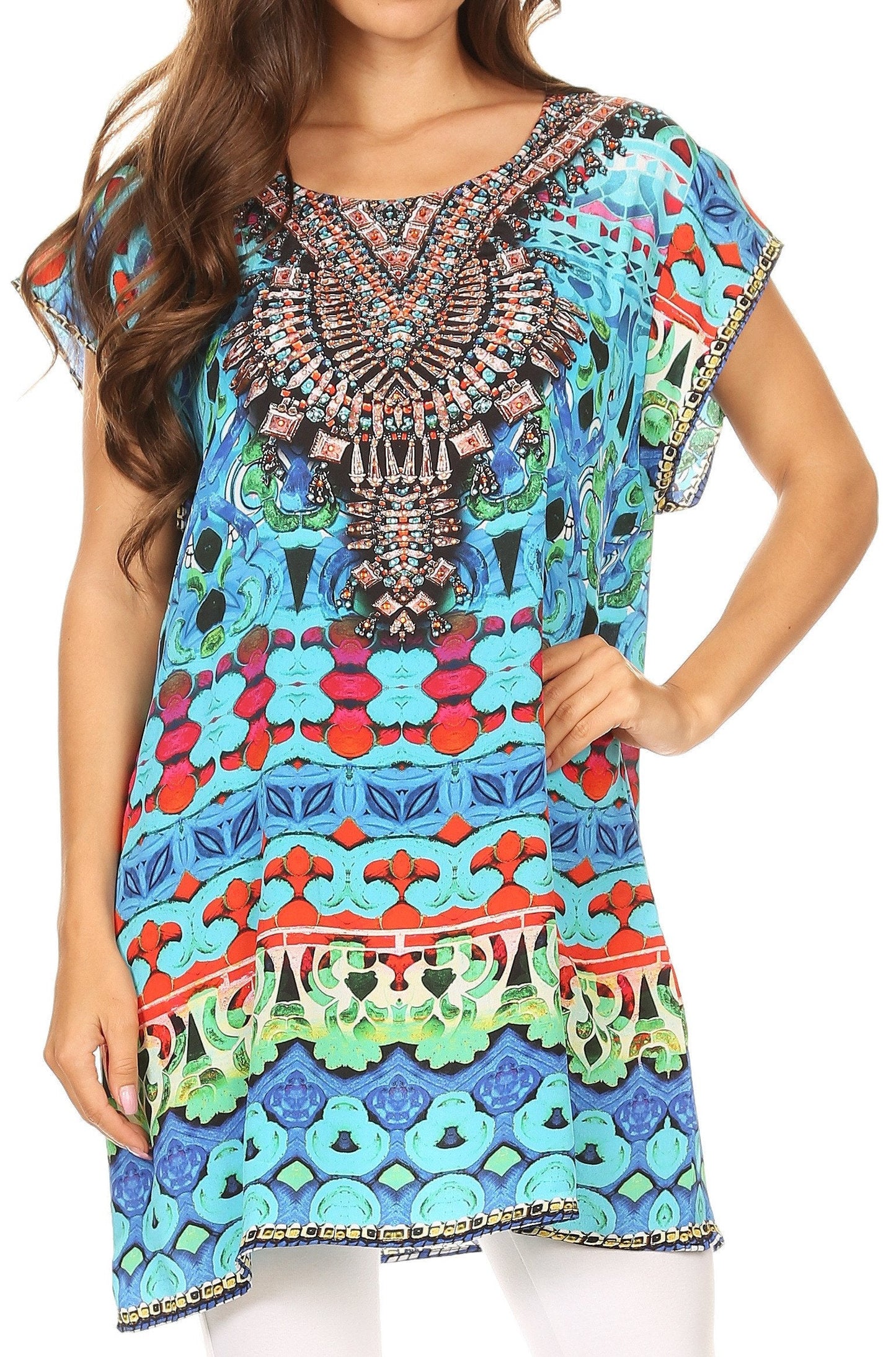 Sakkas Lesedi Top Blouse With Cap Sleeves Colorful Print and Rhinestones - Concordia Style Boutique