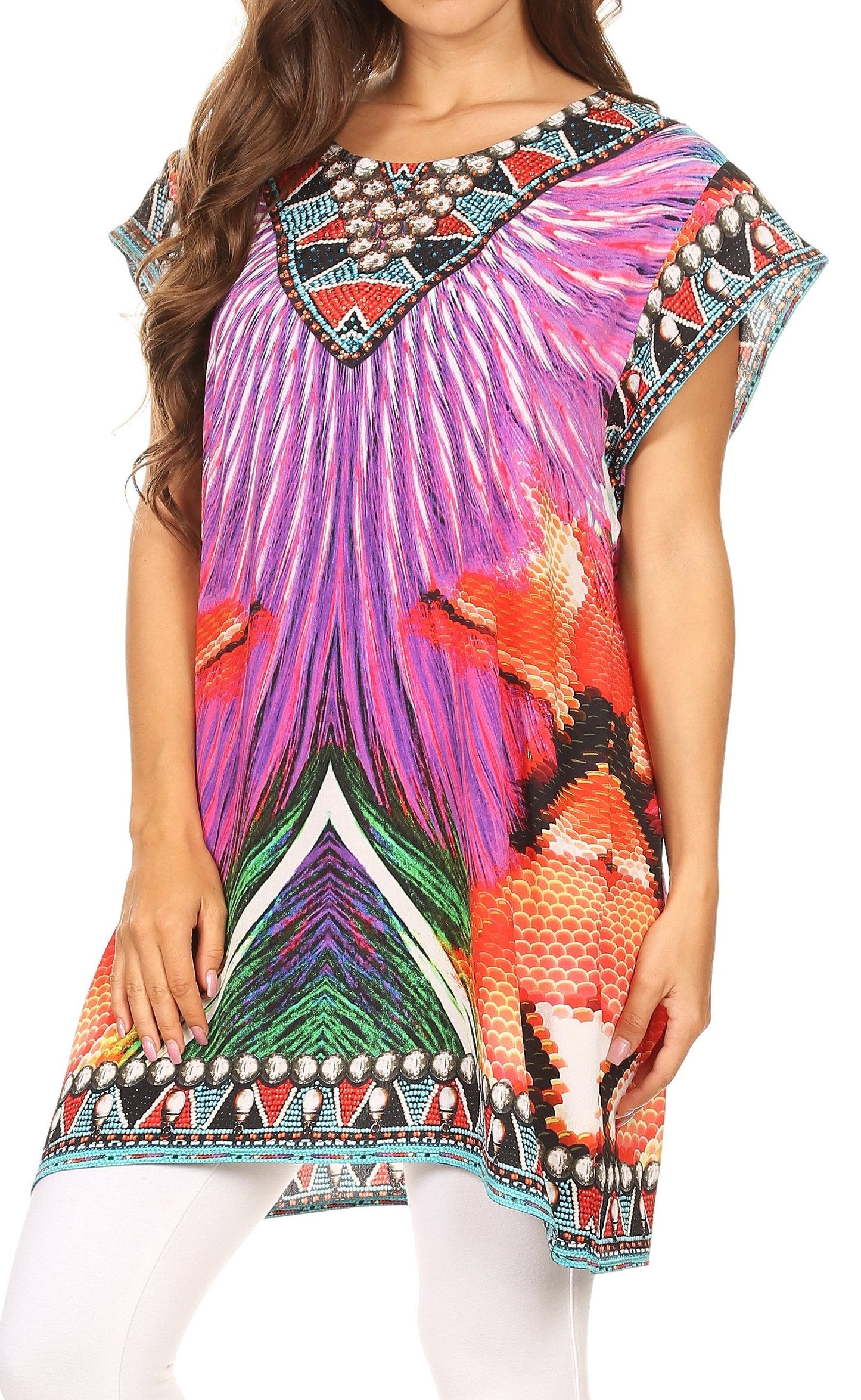 Sakkas Lesedi Top Blouse With Cap Sleeves Colorful Print and Rhinestones - Concordia Style Boutique