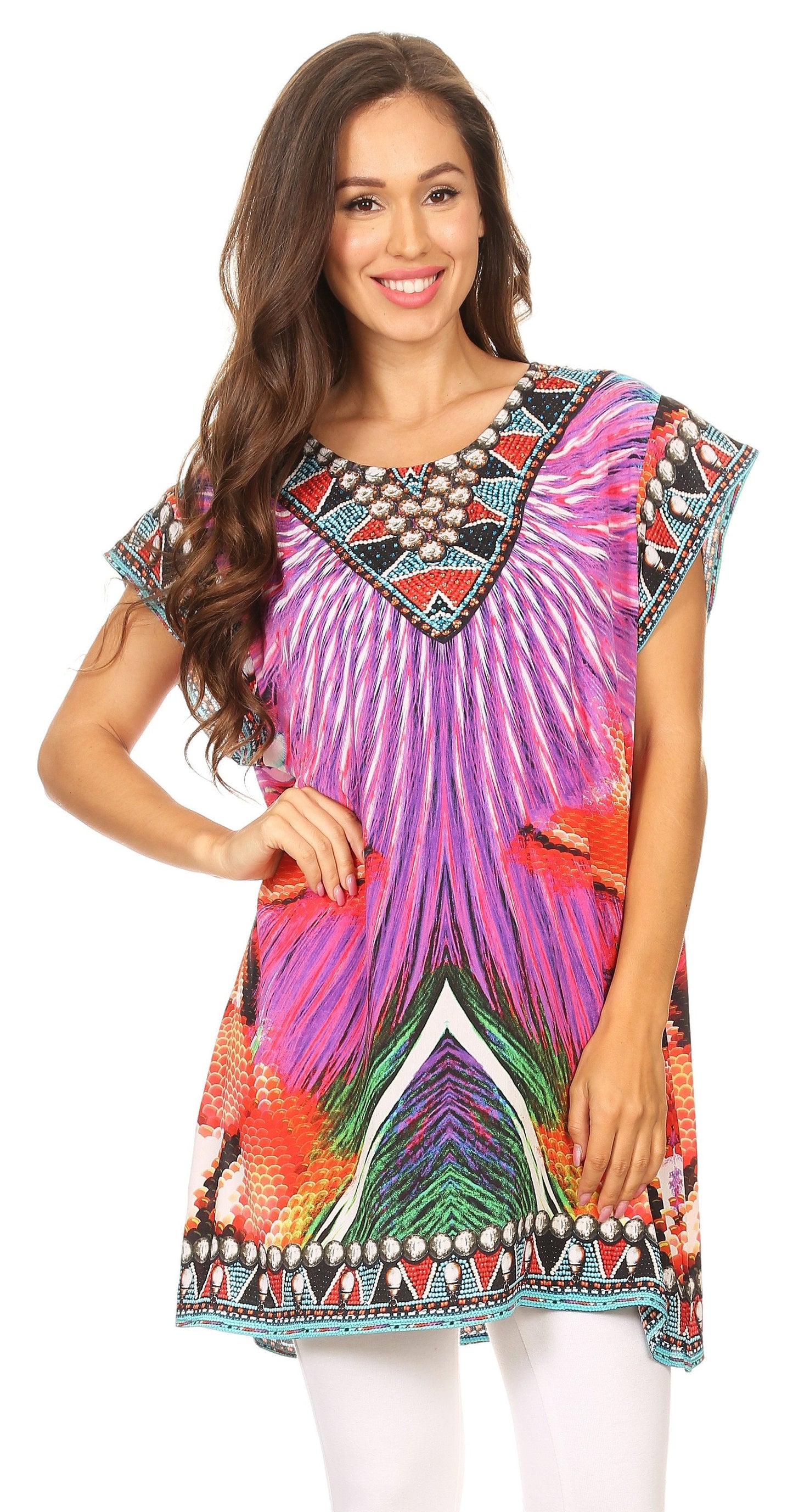 Sakkas Lesedi Top Blouse With Cap Sleeves Colorful Print and Rhinestones - Concordia Style Boutique