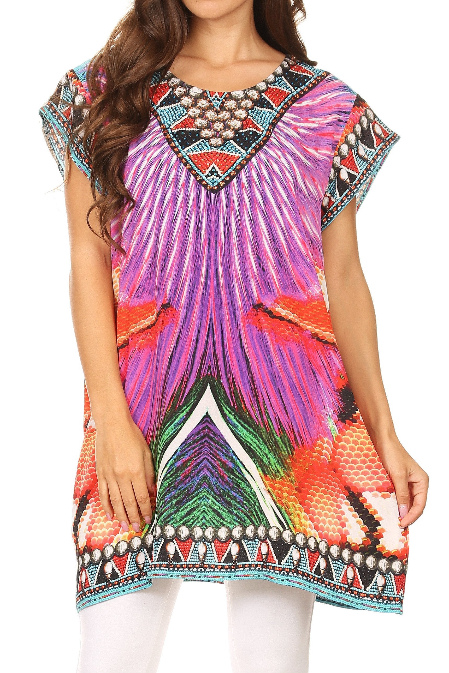 Sakkas Lesedi Top Blouse With Cap Sleeves Colorful Print and Rhinestones - Concordia Style Boutique