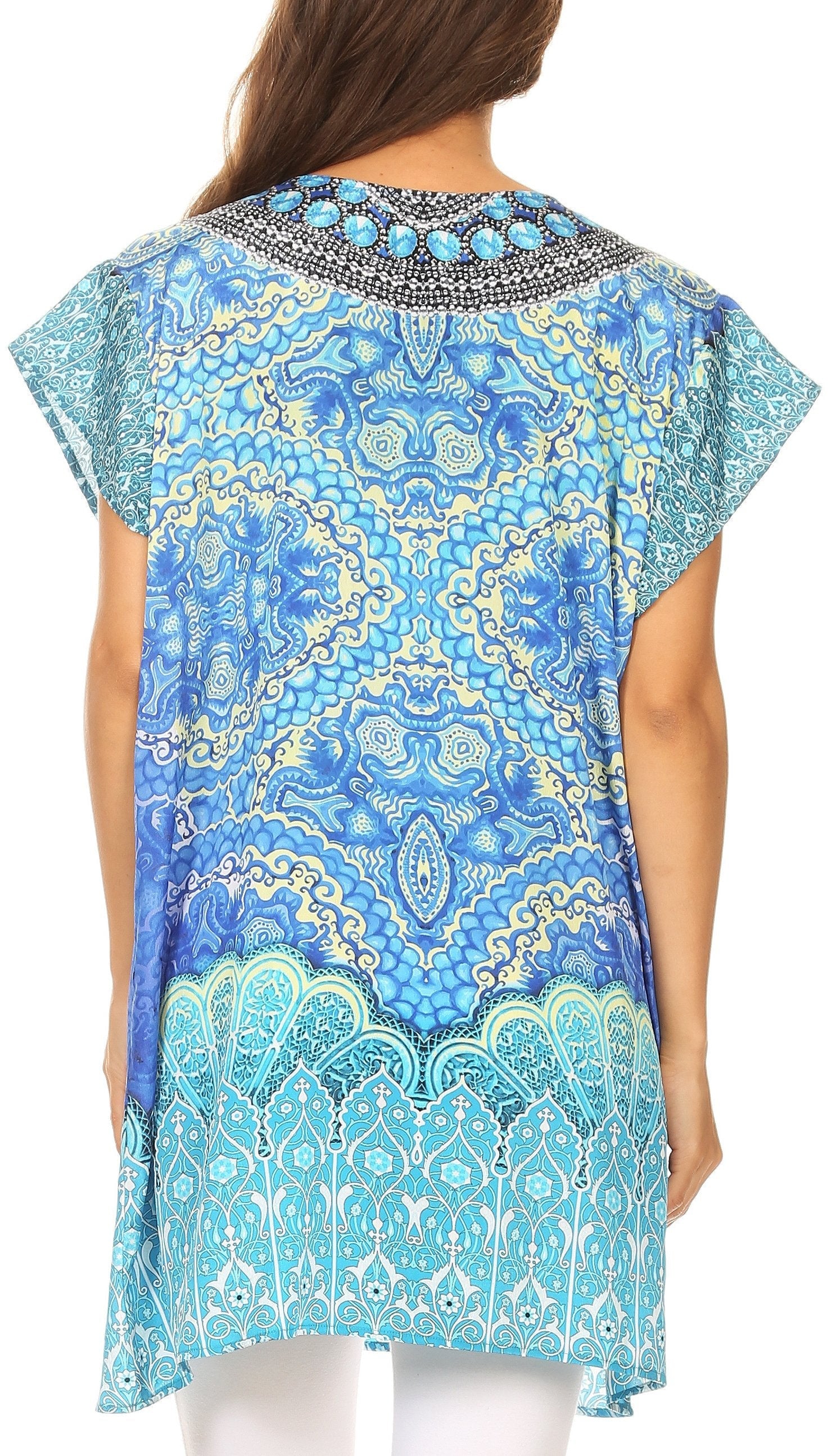Sakkas Lesedi Top Blouse With Cap Sleeves Colorful Print and Rhinestones - Concordia Style Boutique
