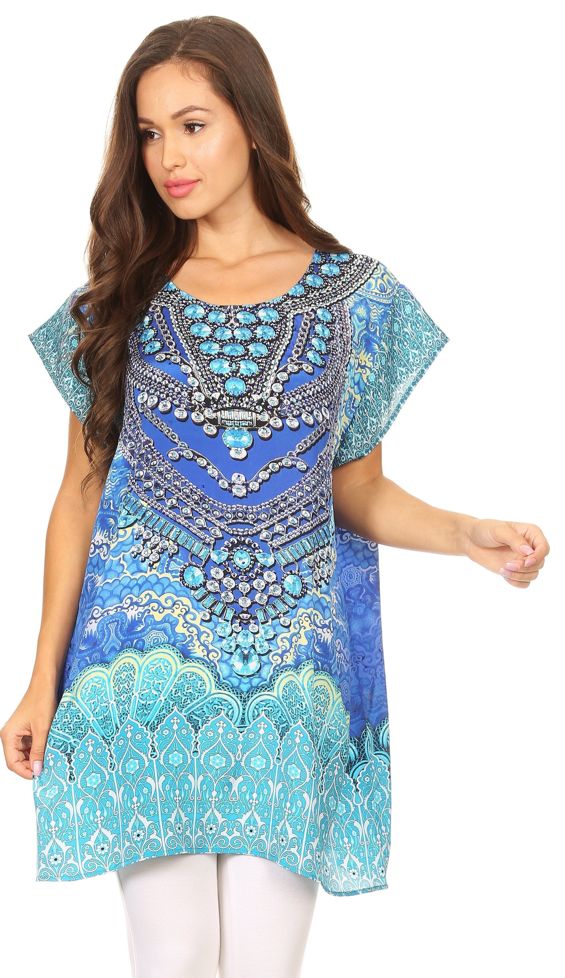 Sakkas Lesedi Top Blouse With Cap Sleeves Colorful Print and Rhinestones - Concordia Style Boutique