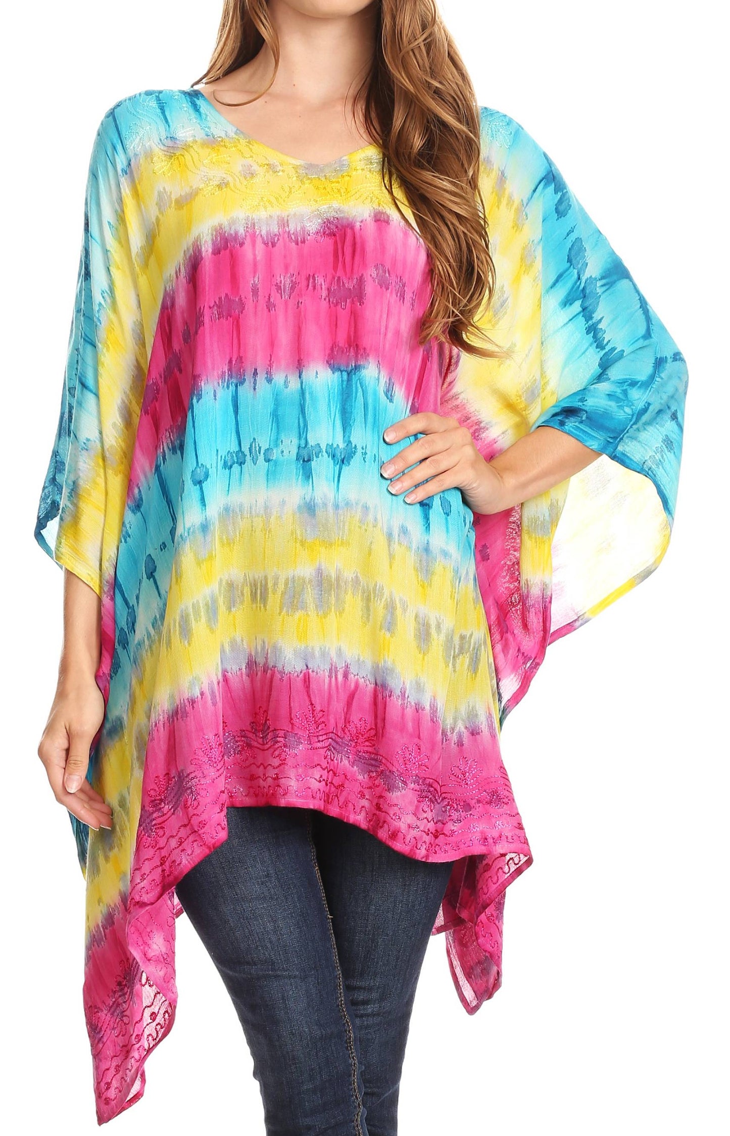 Sakkas Adalwin Desert Sun Lightweight Circle Ponch Tunic Top Blouse W / Embroidery - Concordia Style Boutique