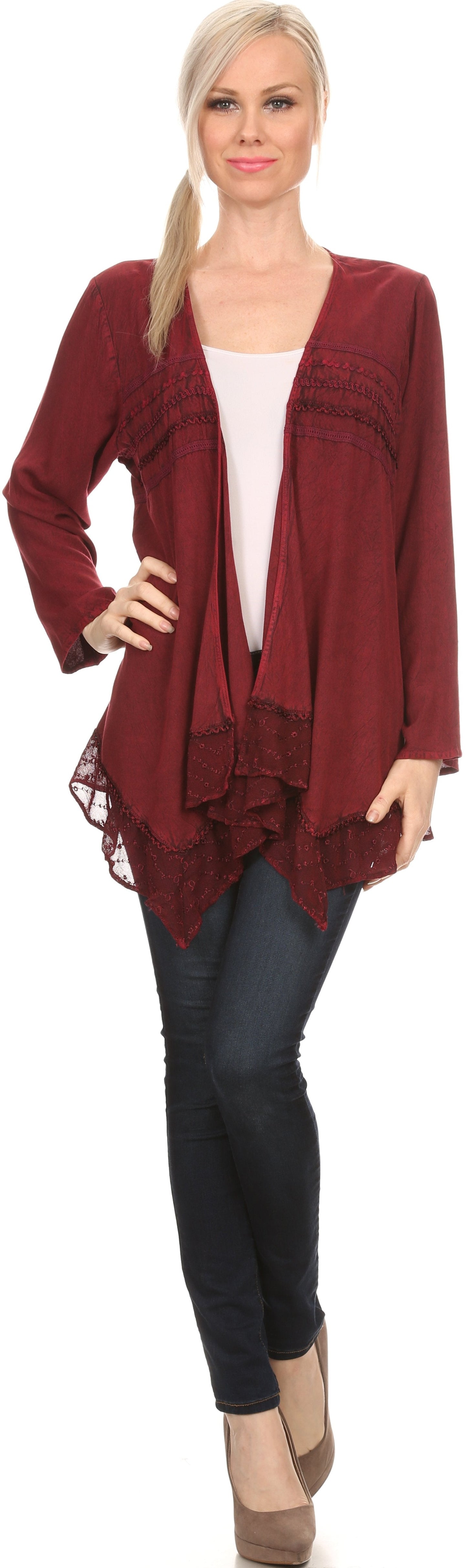 Sakkas Isenia Cardigan Open Front Kimono Long Sleeve Embroidered Top Blouse Lace - Concordia Style Boutique