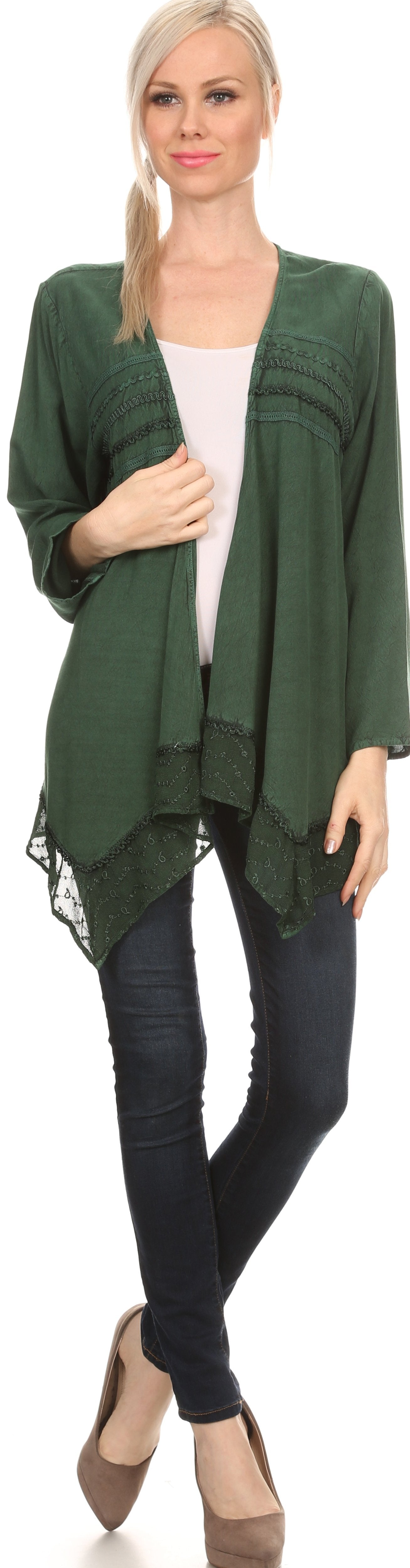 Sakkas Isenia Cardigan Open Front Kimono Long Sleeve Embroidered Top Blouse Lace - Concordia Style Boutique