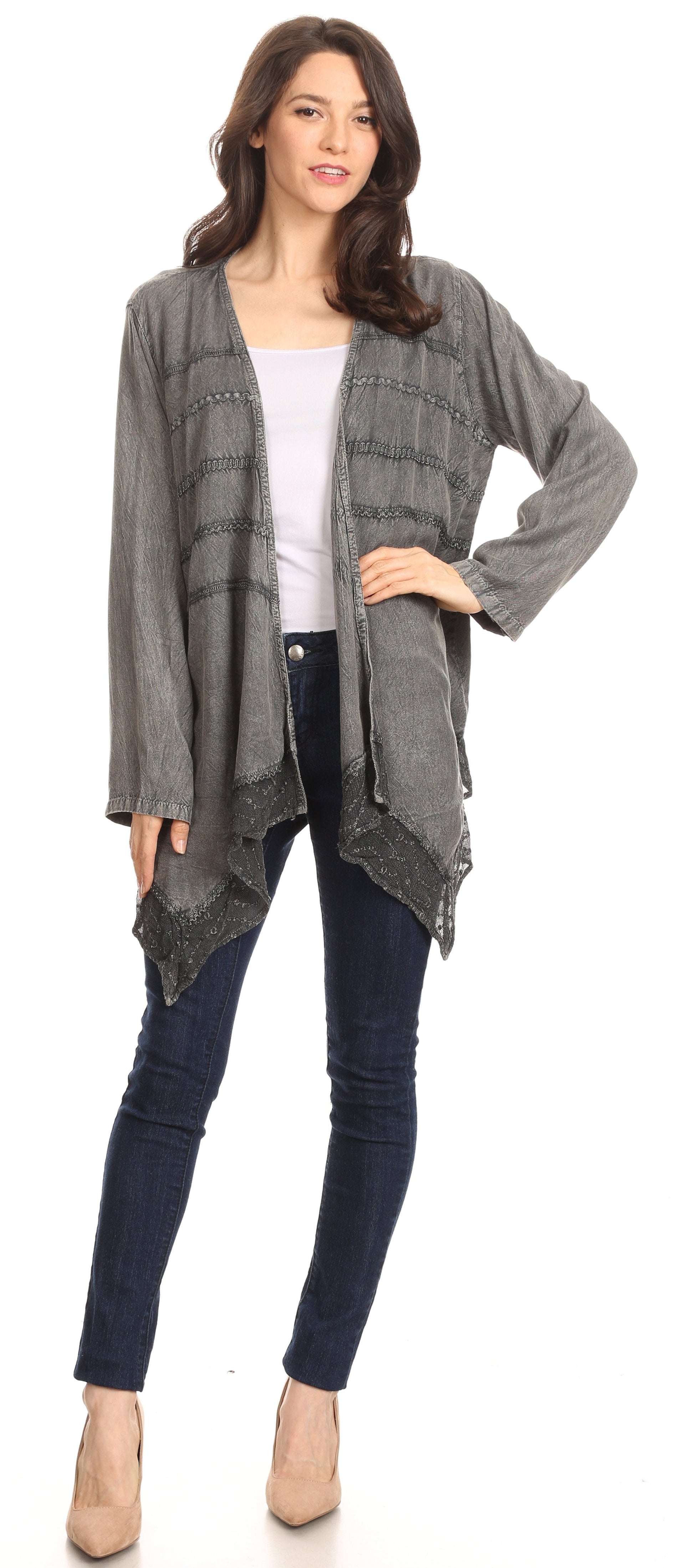 Sakkas Isenia Cardigan Open Front Kimono Long Sleeve Embroidered Top Blouse Lace - Concordia Style Boutique