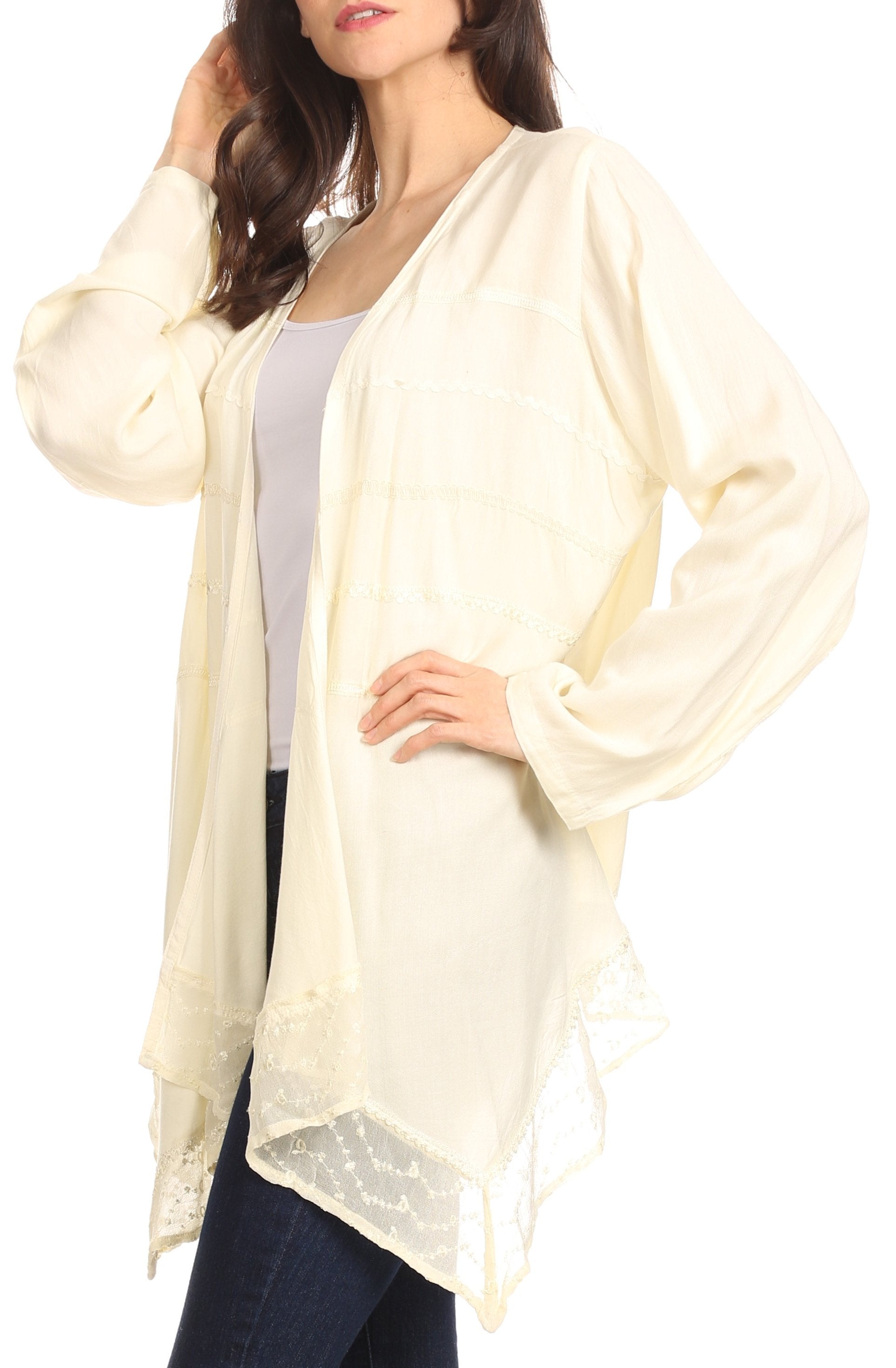 Sakkas Isenia Cardigan Open Front Kimono Long Sleeve Embroidered Top Blouse Lace - Concordia Style Boutique