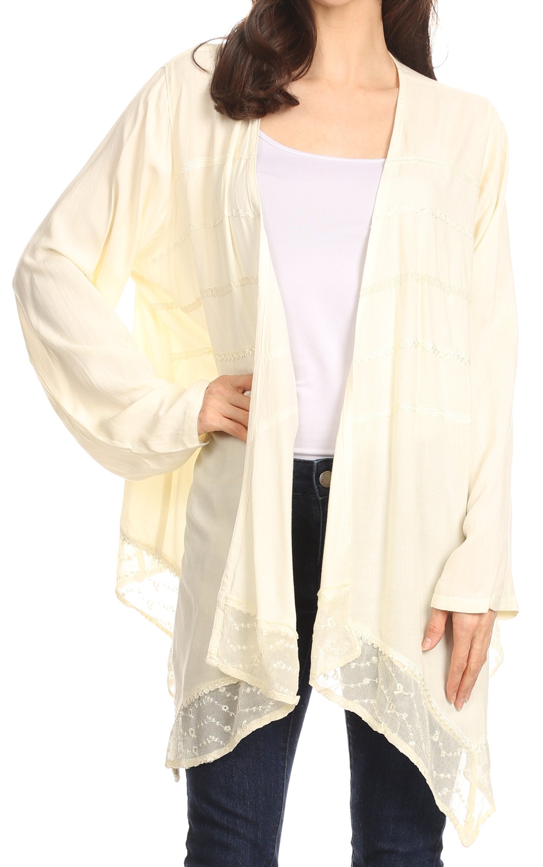 Sakkas Isenia Cardigan Open Front Kimono Long Sleeve Embroidered Top Blouse Lace - Concordia Style Boutique