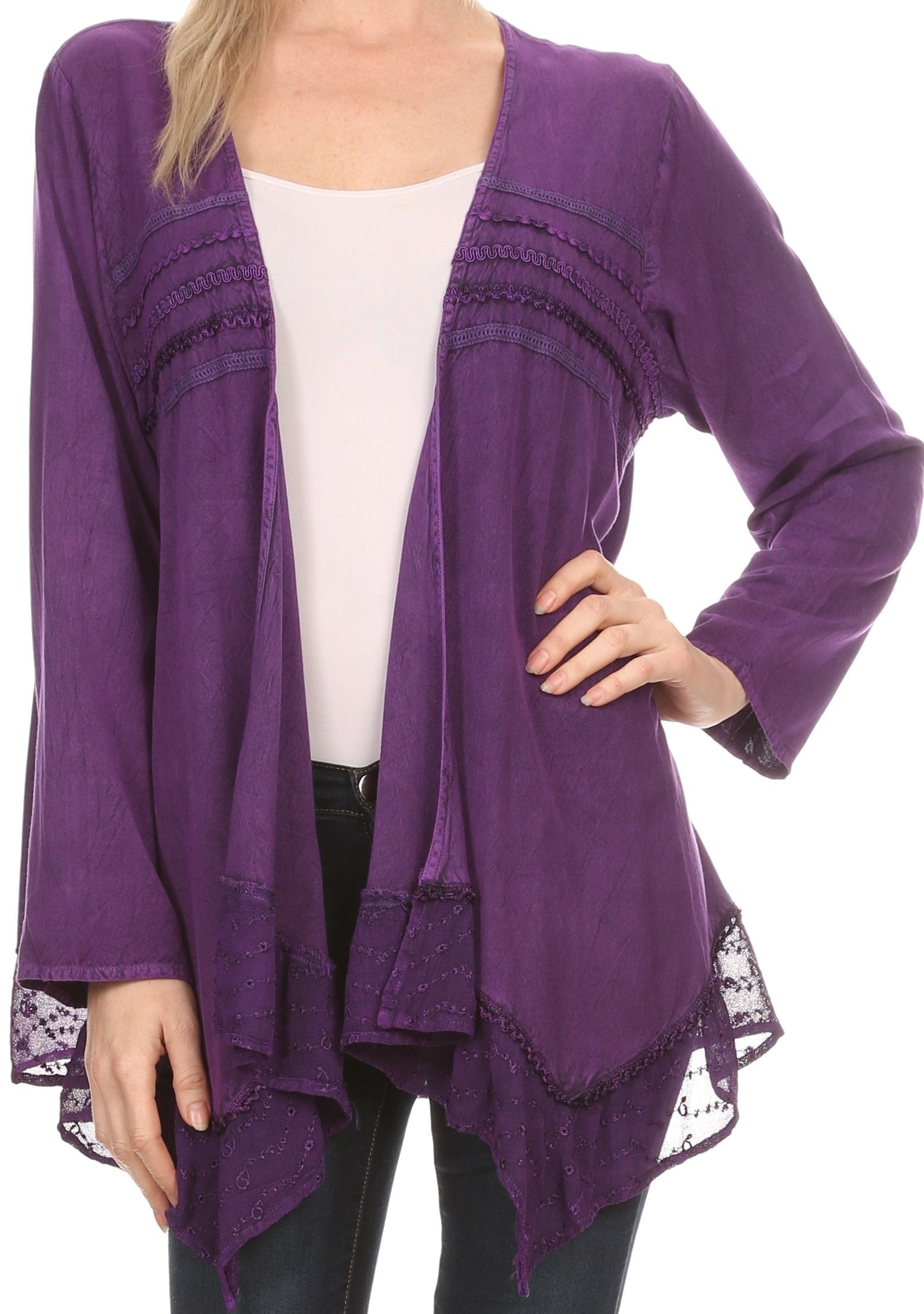 Sakkas Isenia Cardigan Open Front Kimono Long Sleeve Embroidered Top Blouse Lace - Concordia Style Boutique
