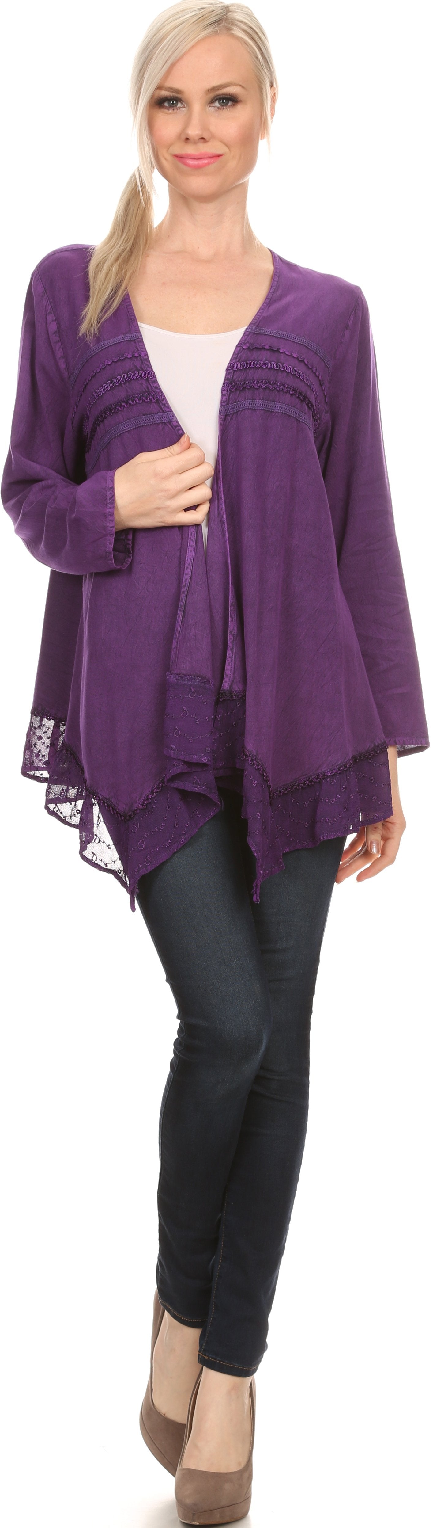Sakkas Isenia Cardigan Open Front Kimono Long Sleeve Embroidered Top Blouse Lace - Concordia Style Boutique