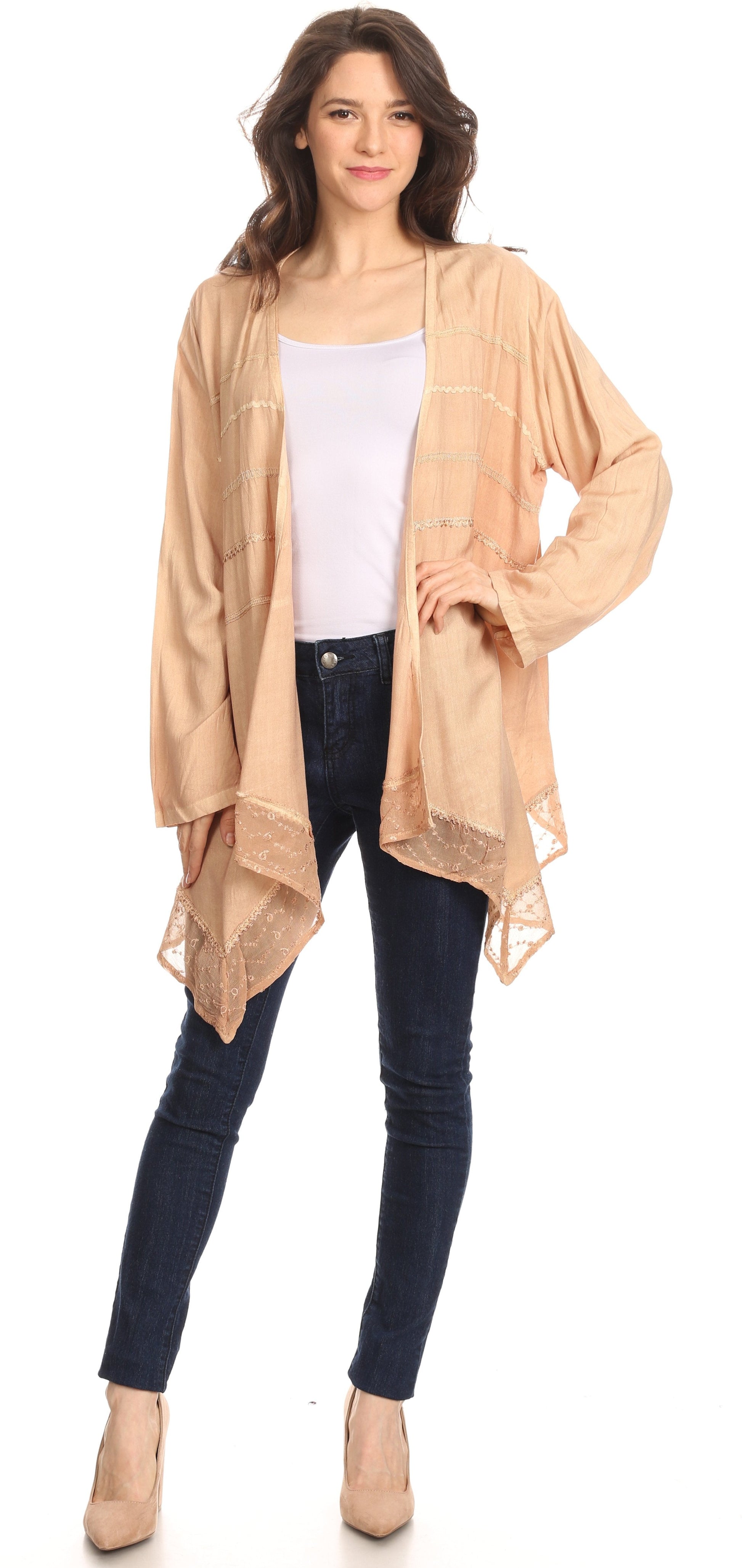 Sakkas Isenia Cardigan Open Front Kimono Long Sleeve Embroidered Top Blouse Lace - Concordia Style Boutique