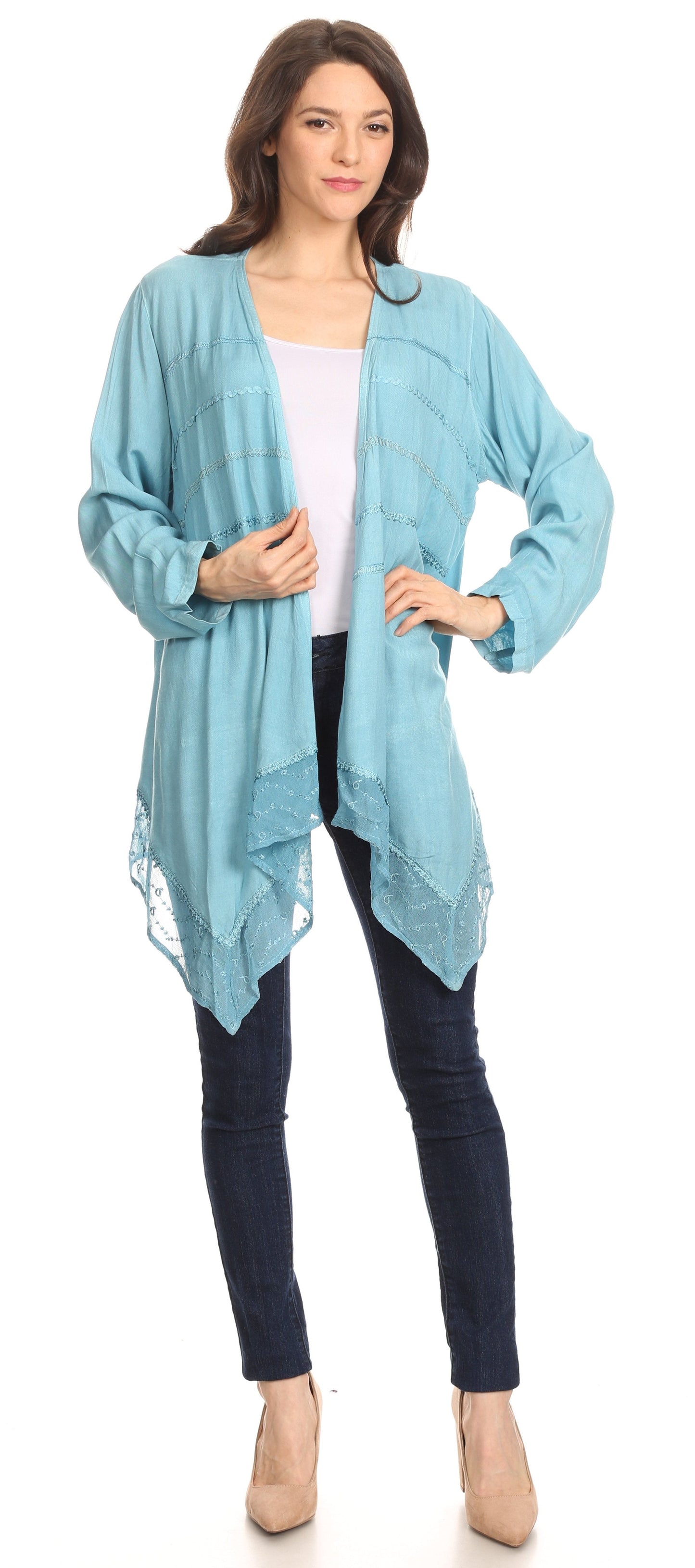 Sakkas Isenia Cardigan Open Front Kimono Long Sleeve Embroidered Top Blouse Lace - Concordia Style Boutique
