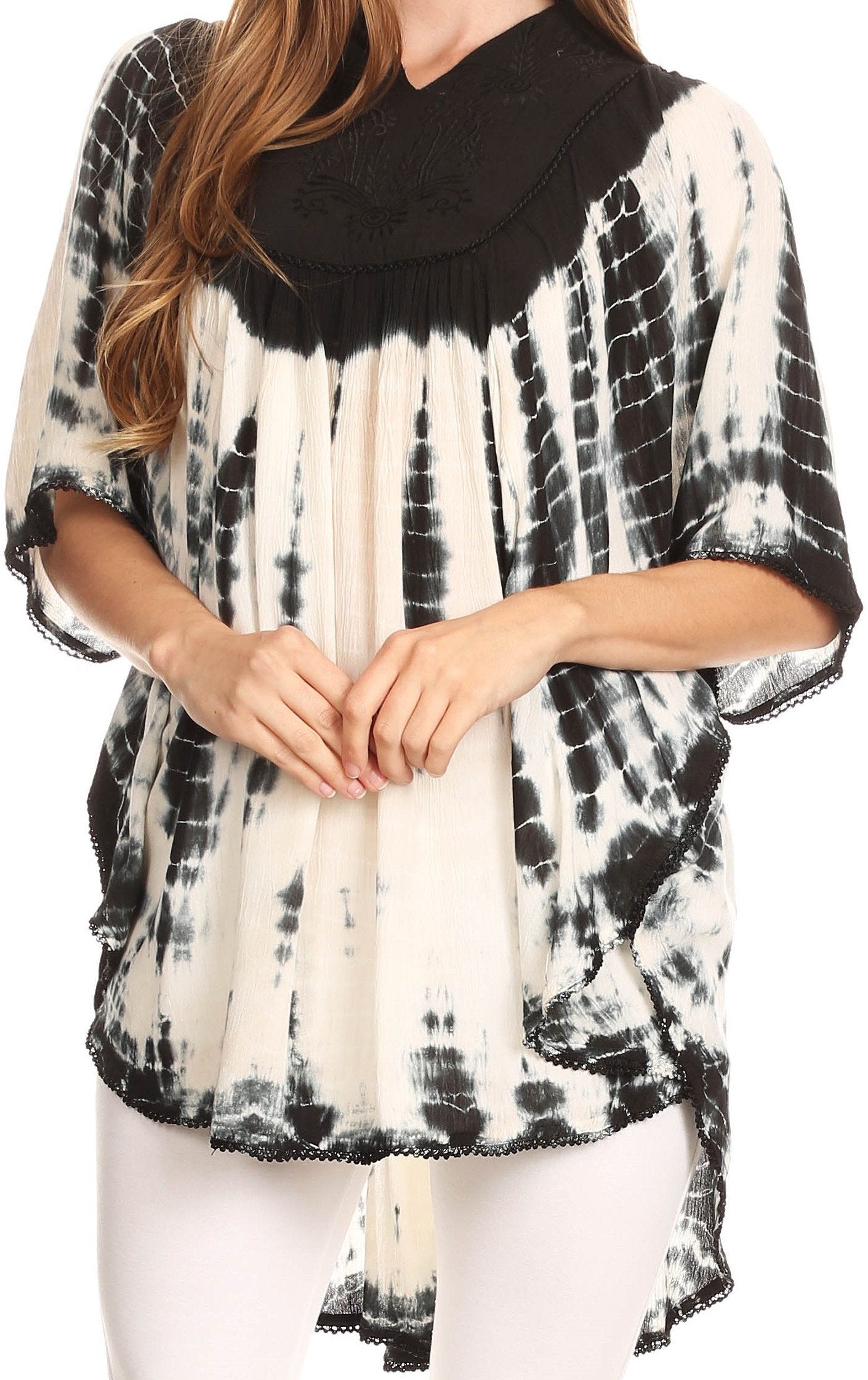 Sakkas Martina Delicate Embroidered Tie Dye Poncho Top / Cover Up - Concordia Style Boutique