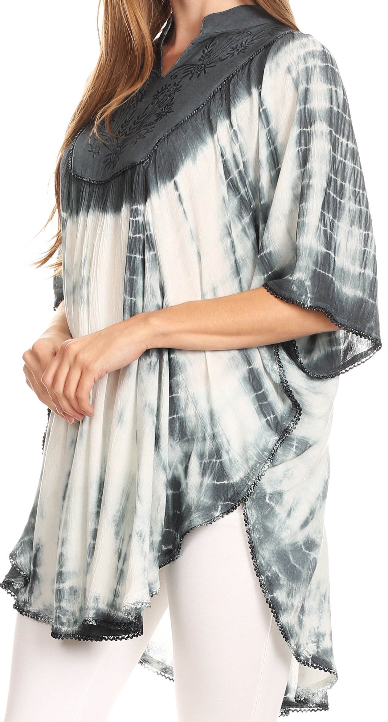 Sakkas Martina Delicate Embroidered Tie Dye Poncho Top / Cover Up - Concordia Style Boutique