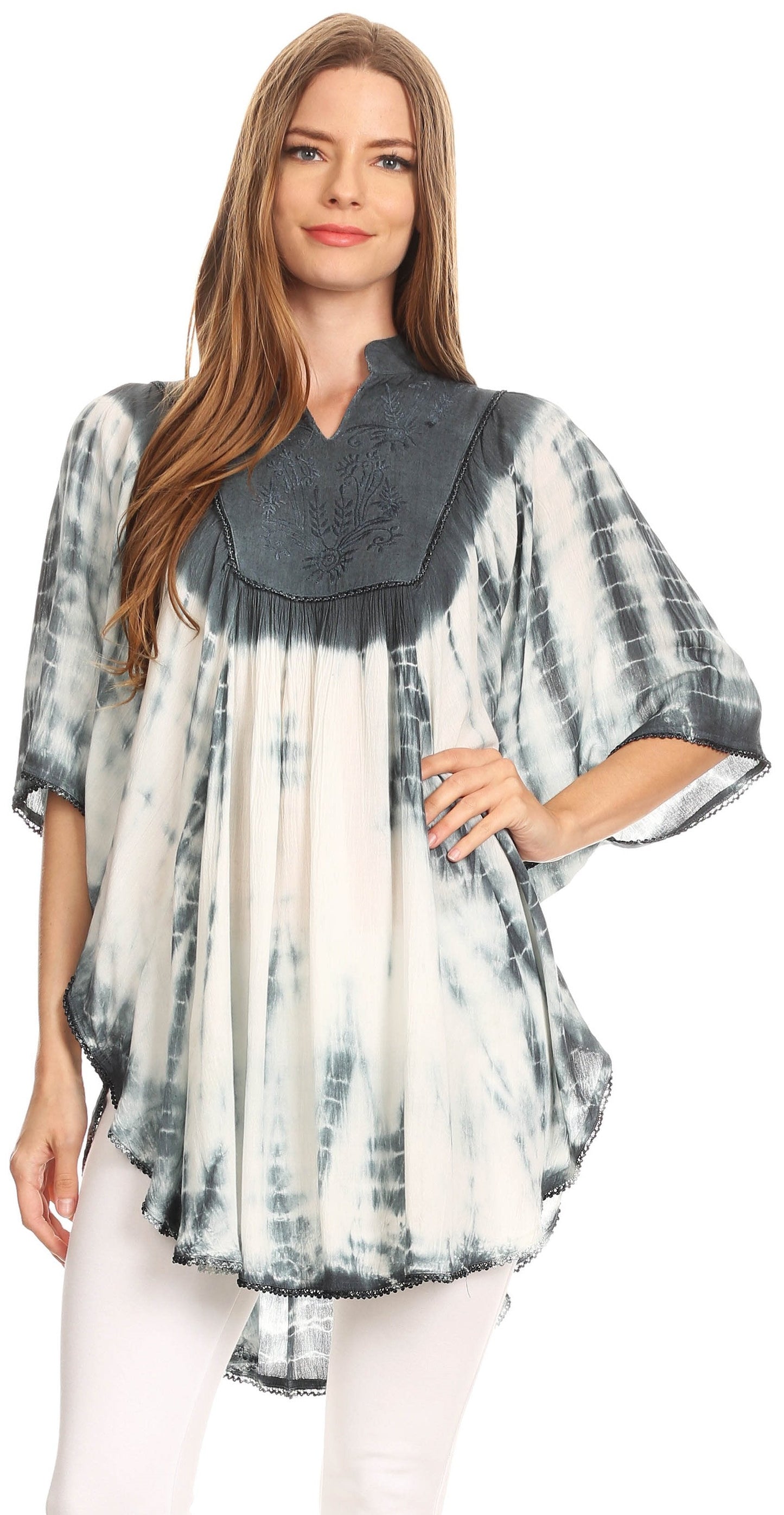 Sakkas Martina Delicate Embroidered Tie Dye Poncho Top / Cover Up - Concordia Style Boutique