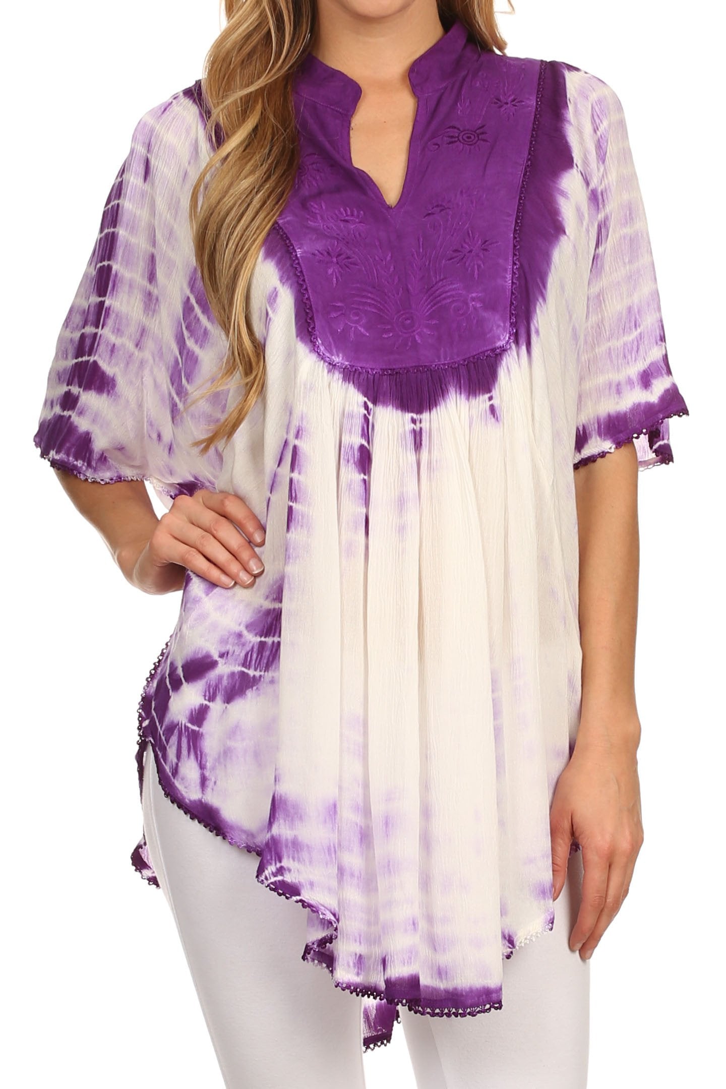 Sakkas Martina Delicate Embroidered Tie Dye Poncho Top / Cover Up - Concordia Style Boutique