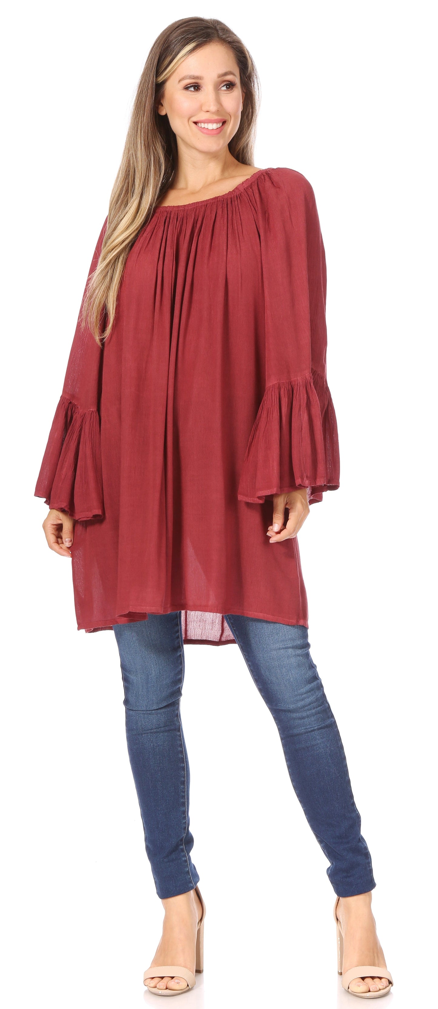 Sakkas Anna Casual Flowy Wide Neck 3/4 Sleeve Light Summer Boho Blouse Top - Concordia Style Boutique