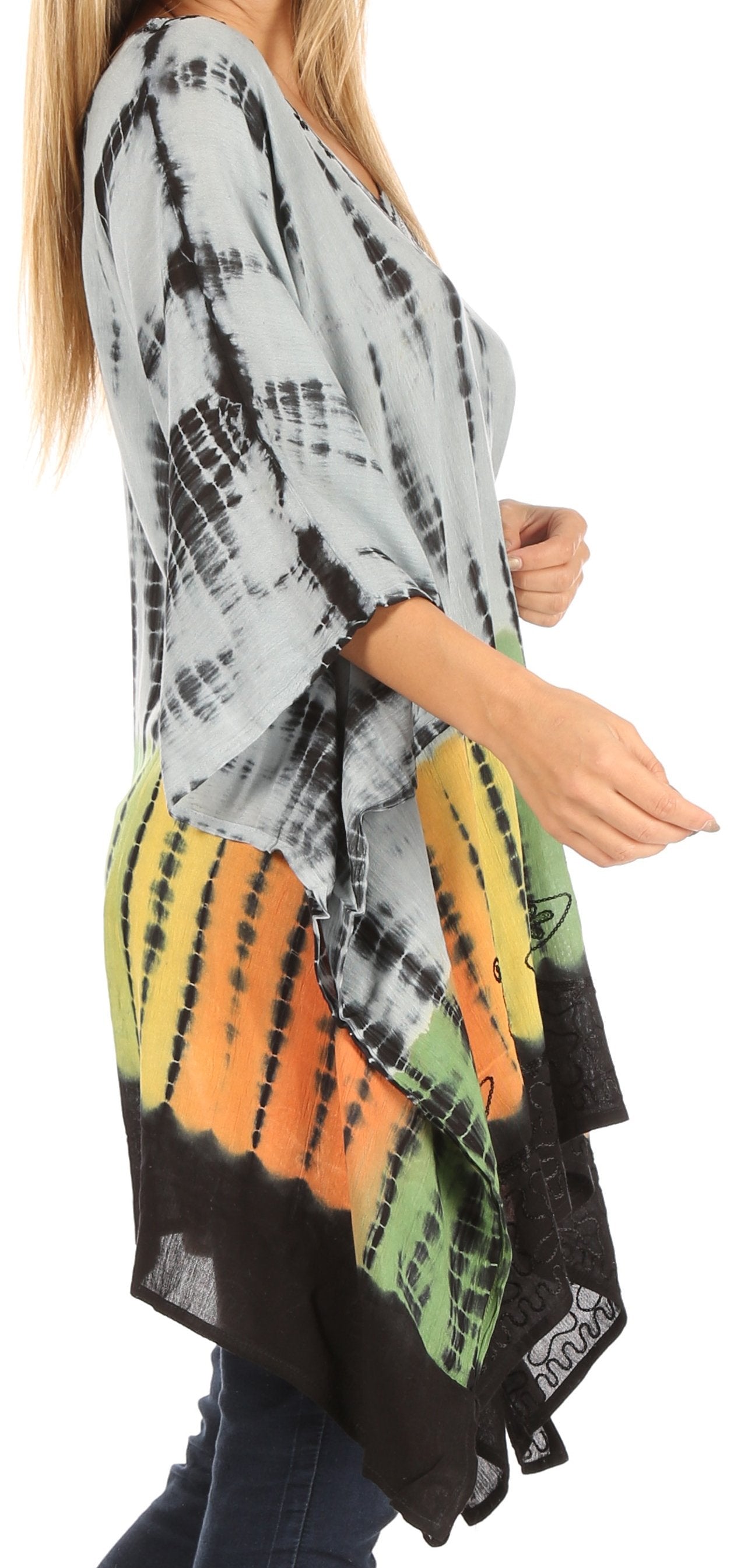 Sakkas Eliana Wide Long Tall Embroidered Tie Dye Ombre Batik Poncho Top Blouse - Concordia Style Boutique
