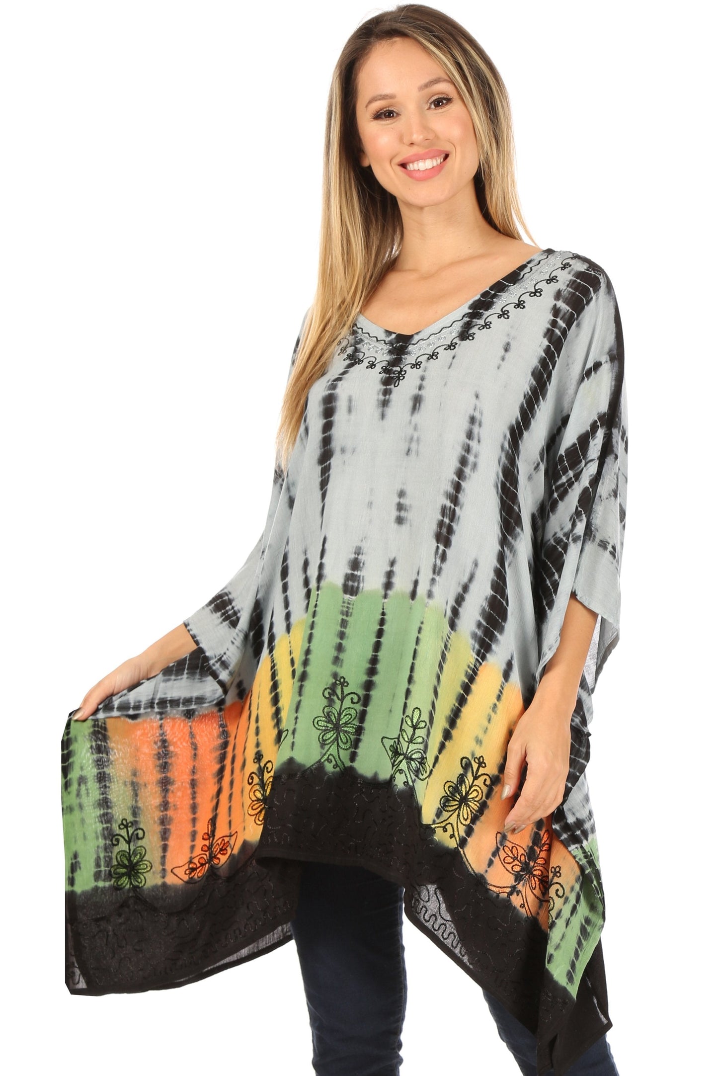 Sakkas Eliana Wide Long Tall Embroidered Tie Dye Ombre Batik Poncho Top Blouse - Concordia Style Boutique