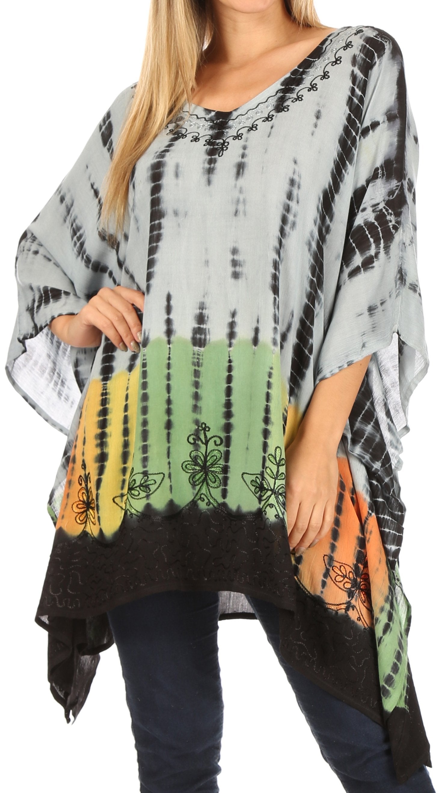 Sakkas Eliana Wide Long Tall Embroidered Tie Dye Ombre Batik Poncho Top Blouse - Concordia Style Boutique
