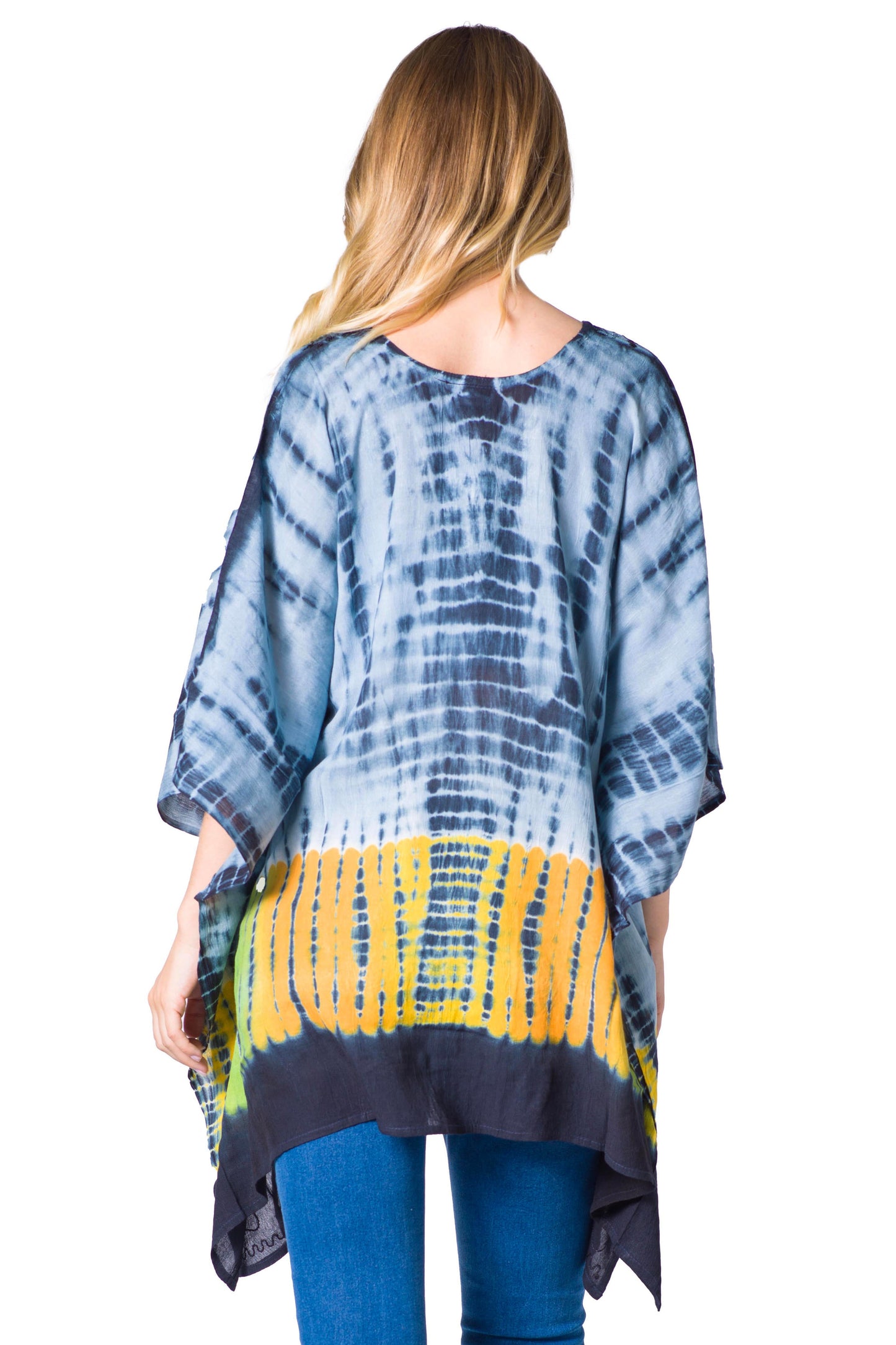 Sakkas Eliana Wide Long Tall Embroidered Tie Dye Ombre Batik Poncho Top Blouse - Concordia Style Boutique