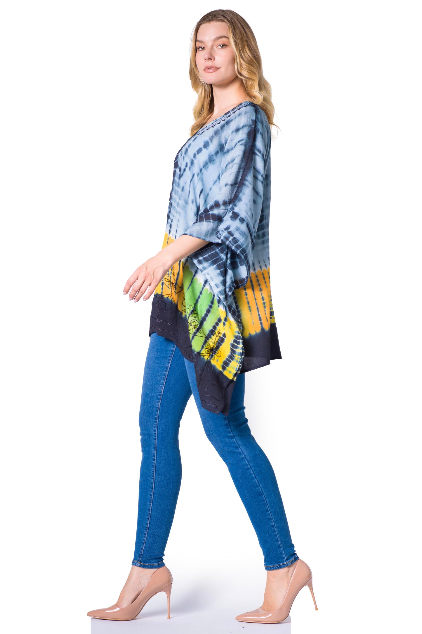 Sakkas Eliana Wide Long Tall Embroidered Tie Dye Ombre Batik Poncho Top Blouse - Concordia Style Boutique