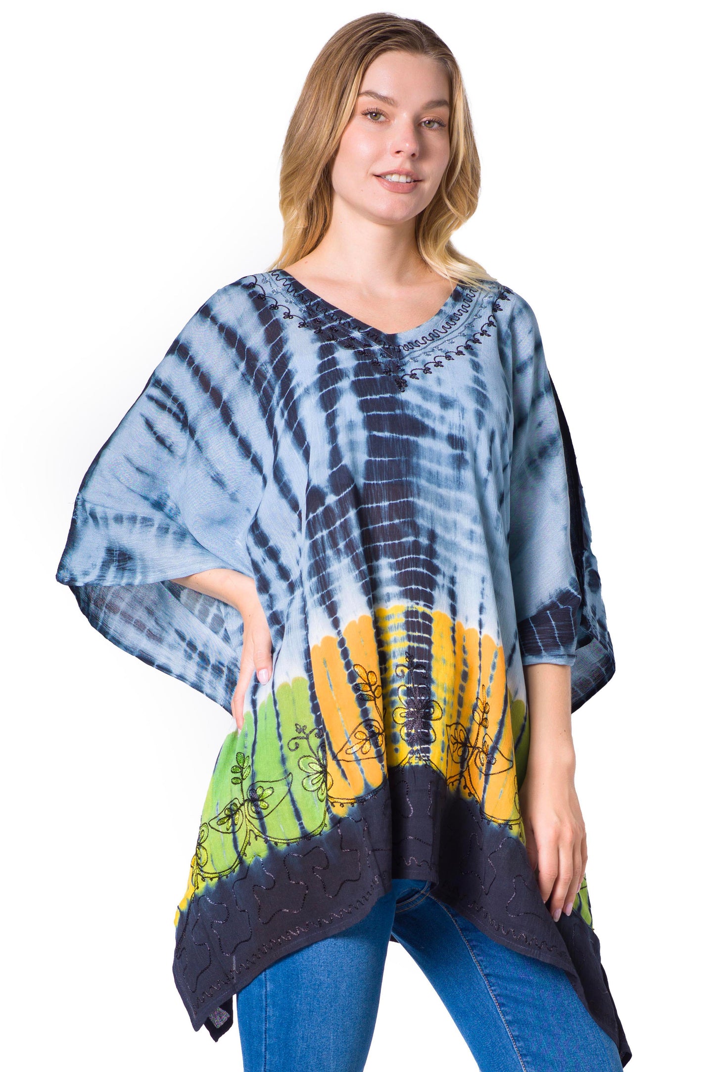 Sakkas Eliana Wide Long Tall Embroidered Tie Dye Ombre Batik Poncho Top Blouse - Concordia Style Boutique